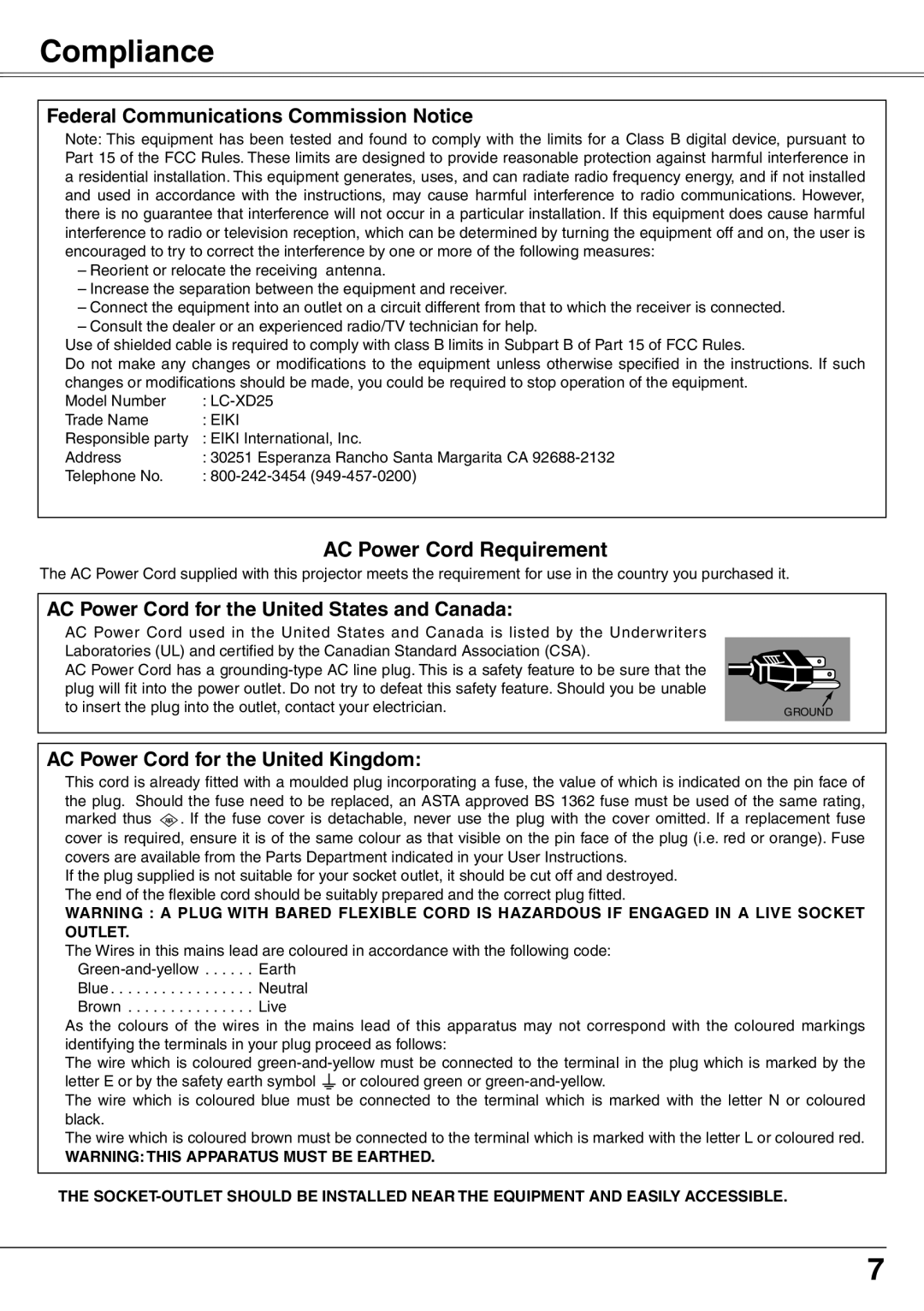 Eiki LC-XD25 owner manual Compliance, Federal Communications Commission Notice 