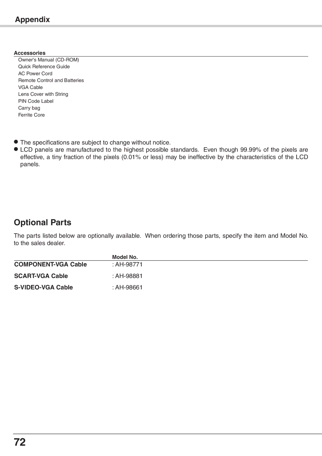 Eiki LC-XD25 owner manual Optional Parts, Accessories, Model No 