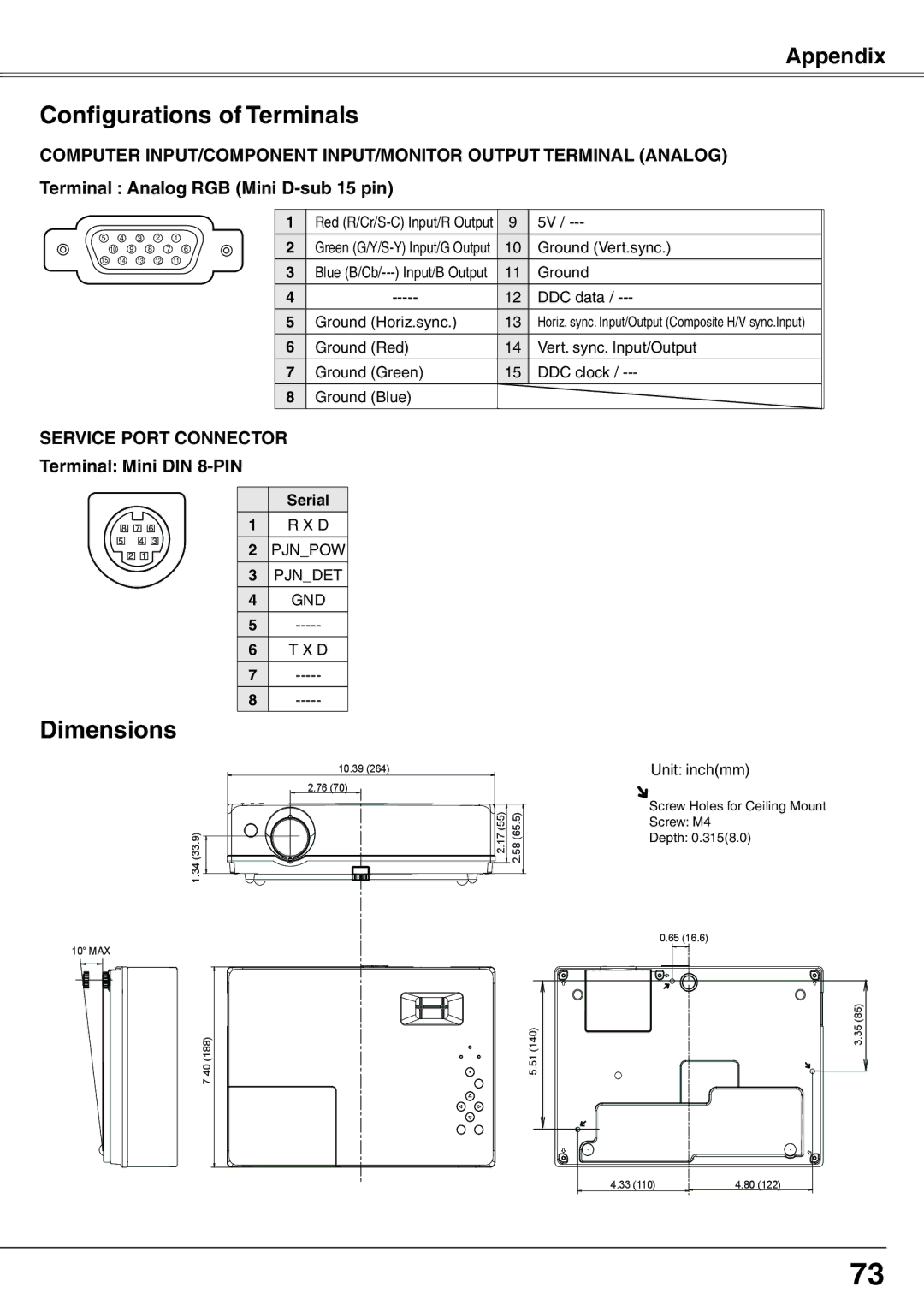 Eiki LC-XD25 owner manual Configurations of Terminals, Dimensions, Service Port Connector Terminal Mini DIN 8-PIN, Serial 