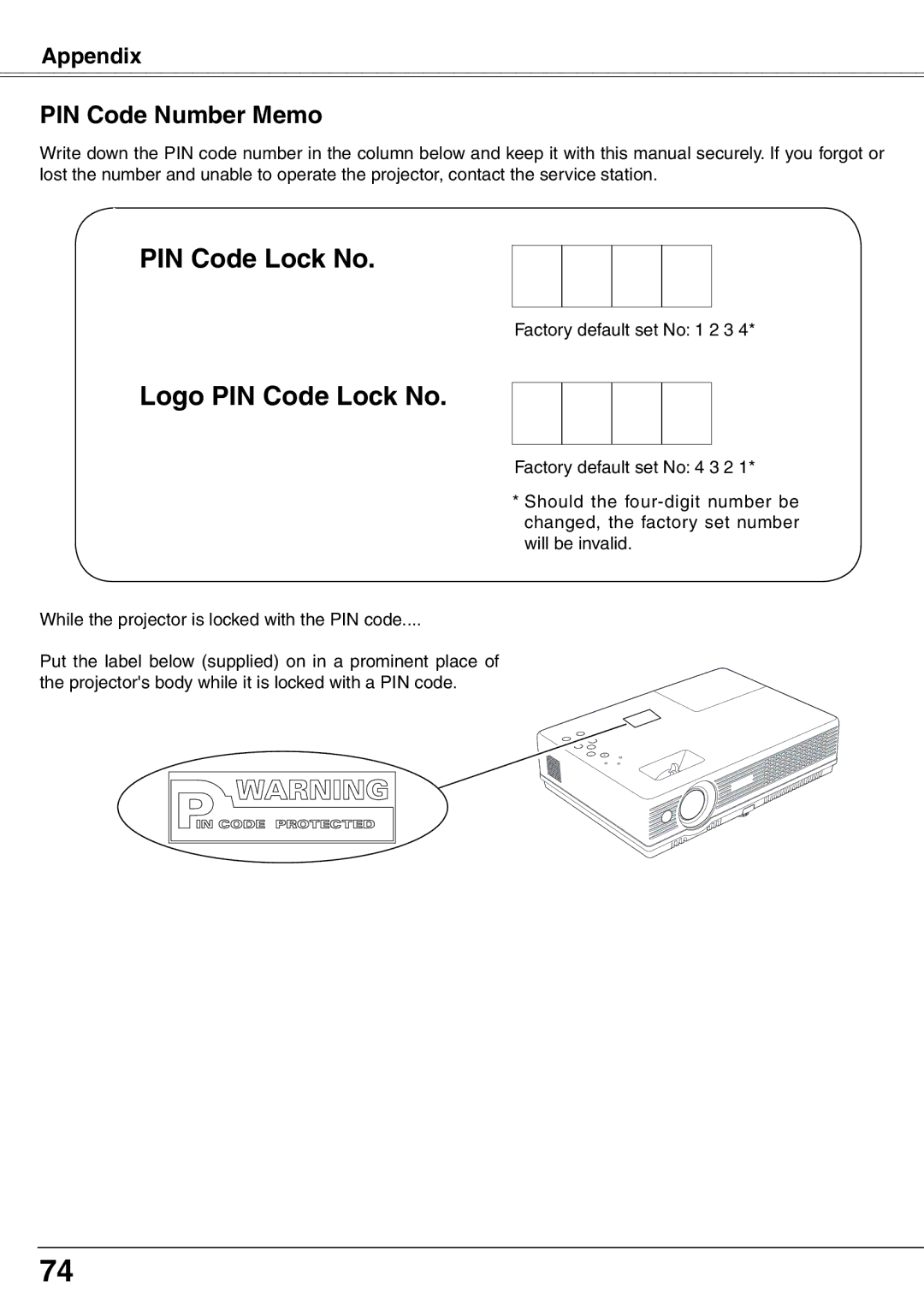 Eiki LC-XD25 owner manual Logo PIN Code Lock No, PIN Code Number Memo 