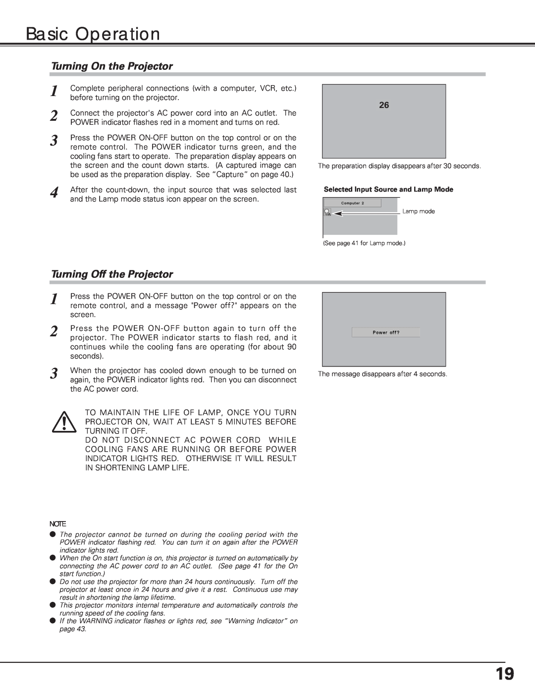 Eiki LC-XE10 instruction manual Basic Operation, Turning On the Projector, Turning Off the Projector 