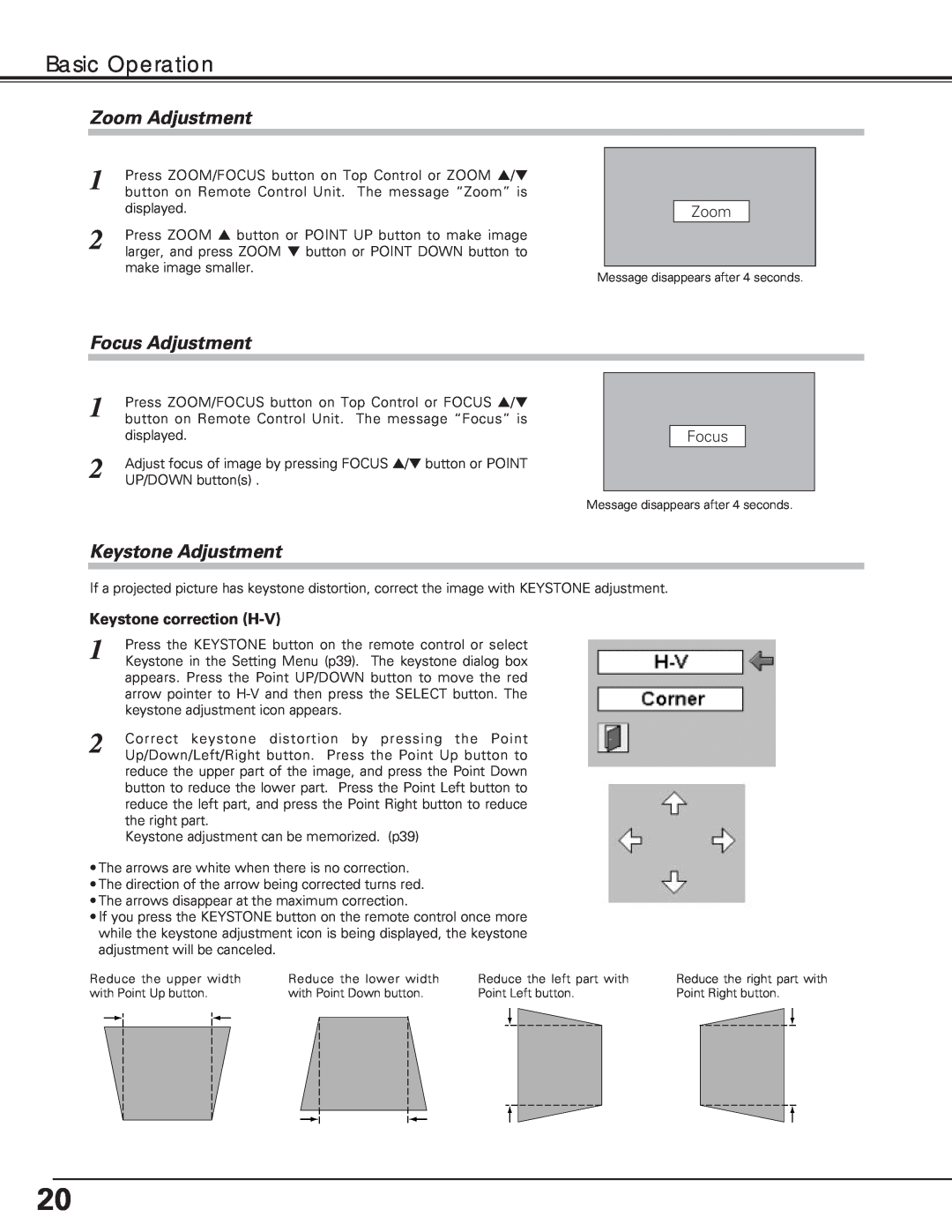 Eiki LC-XE10 instruction manual Basic Operation, Zoom Adjustment, Focus Adjustment, Keystone Adjustment 