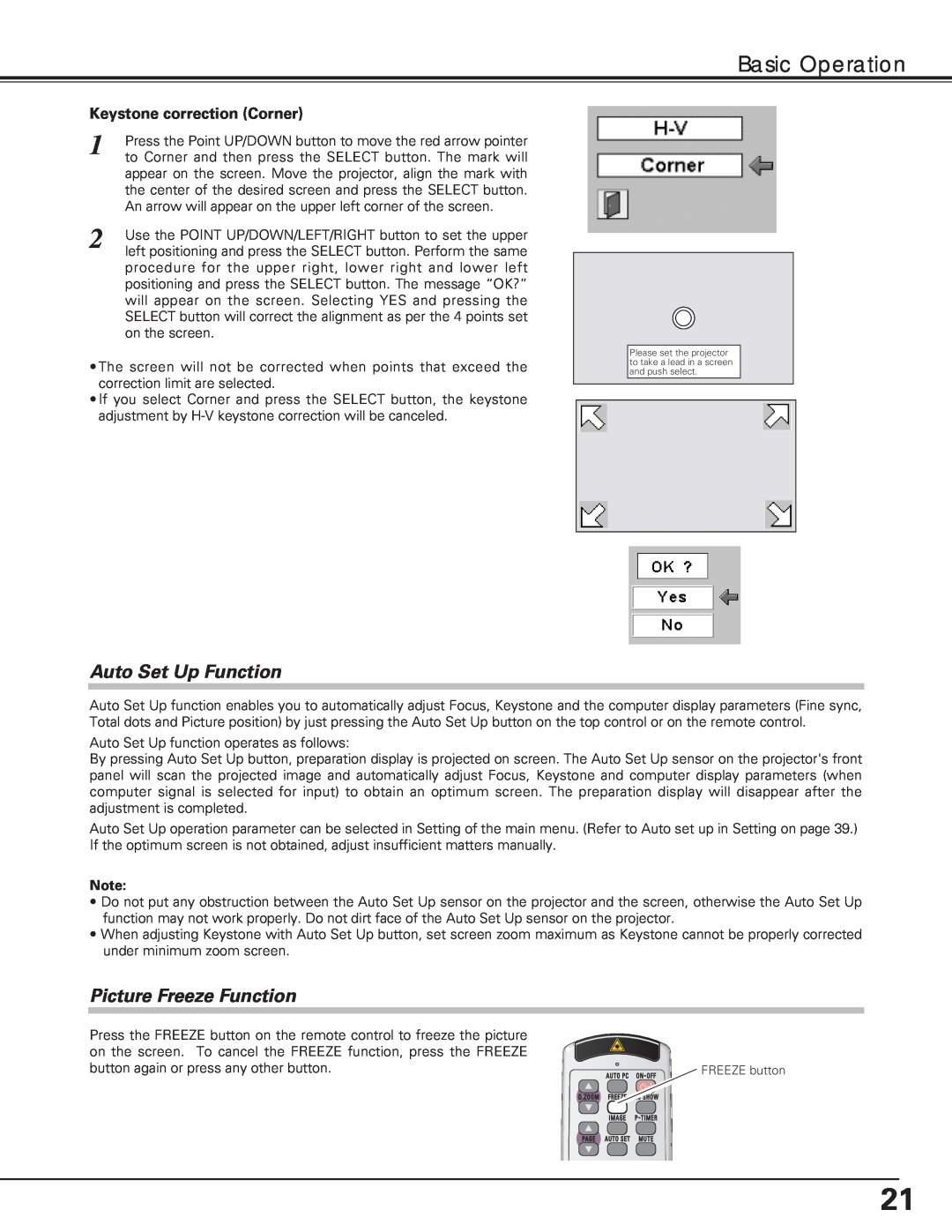 Eiki LC-XE10 instruction manual Auto Set Up Function, Picture Freeze Function, Basic Operation, Keystone correction Corner 