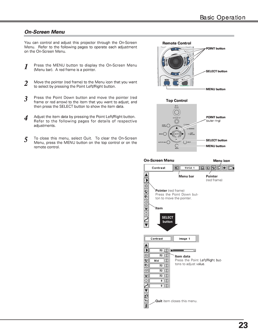 Eiki LC-XE10 instruction manual On-ScreenMenu, Basic Operation, Remote Control, Top Control 