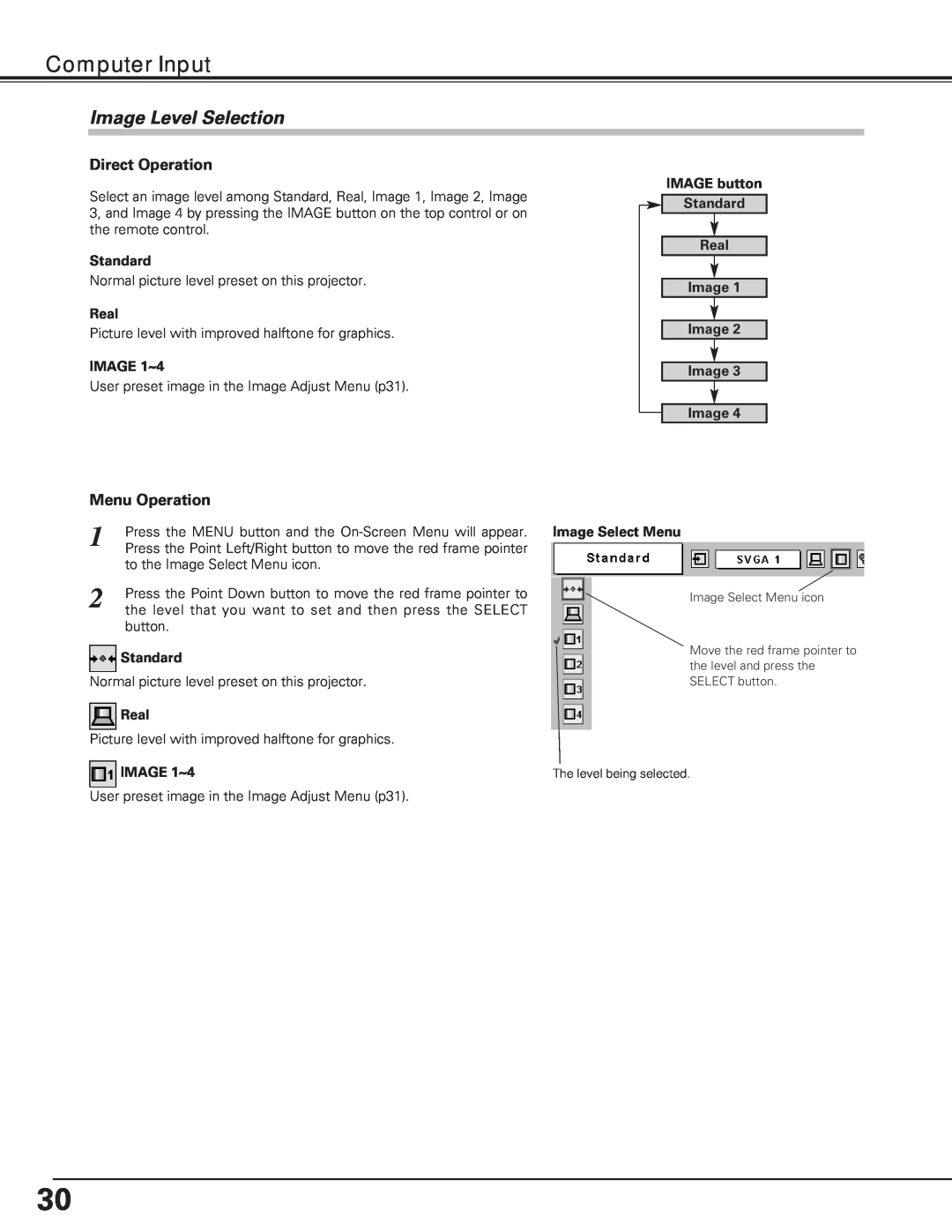 Eiki LC-XE10 instruction manual Image Level Selection, Computer Input, Standard, Real, IMAGE 1~4, Image Select Menu 