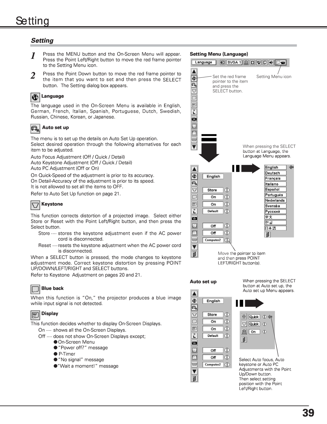 Eiki LC-XE10 instruction manual Auto set up, Keystone, Blue back, Display, Setting Menu Language 