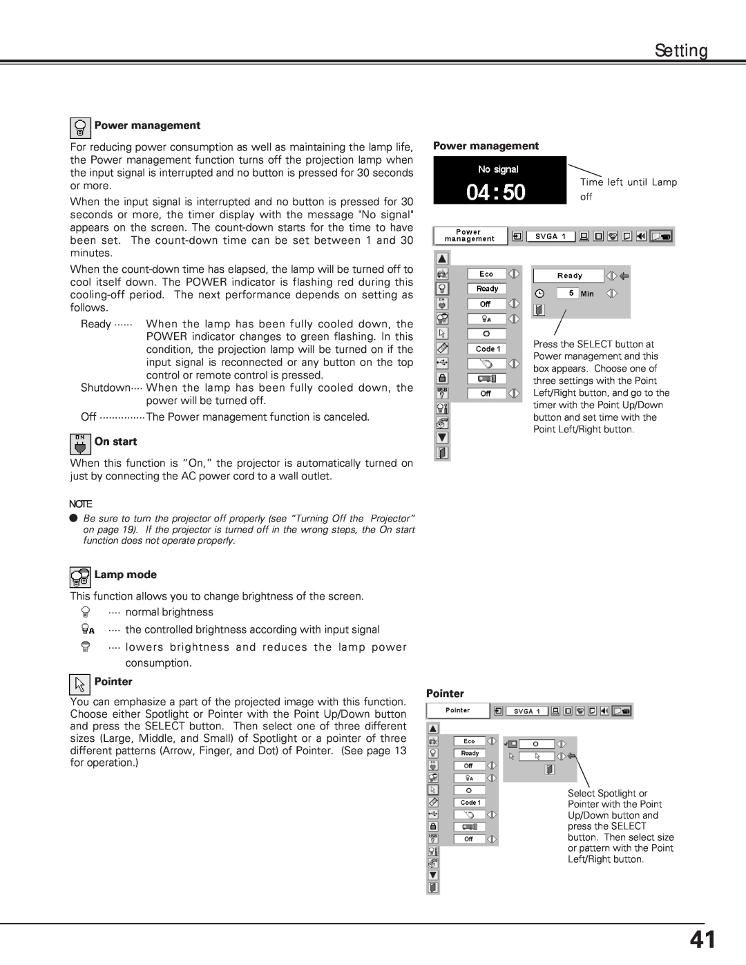 Eiki LC-XE10 instruction manual Setting, Power management, On start, Lamp mode, Pointer Pointer 