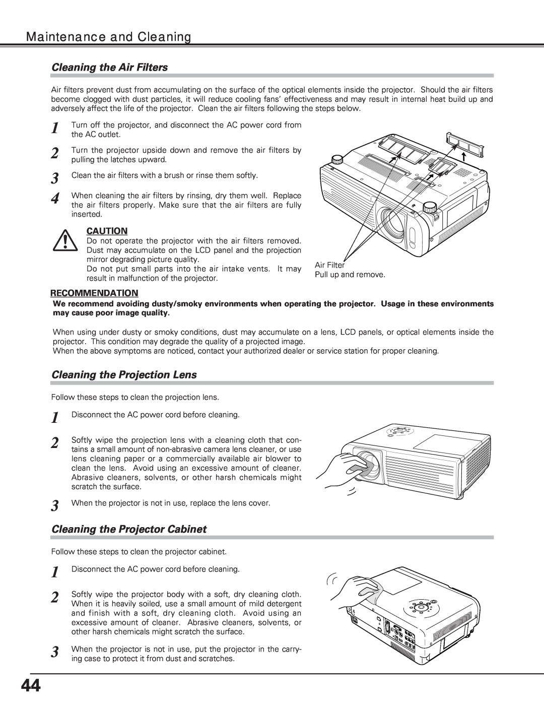 Eiki LC-XE10 instruction manual Maintenance and Cleaning, Cleaning the Air Filters, Cleaning the Projection Lens 
