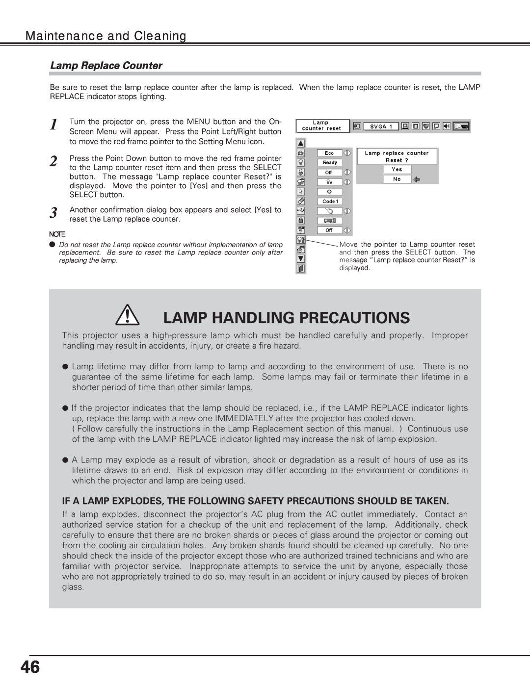 Eiki LC-XE10 instruction manual Lamp Replace Counter, Lamp Handling Precautions, Maintenance and Cleaning 