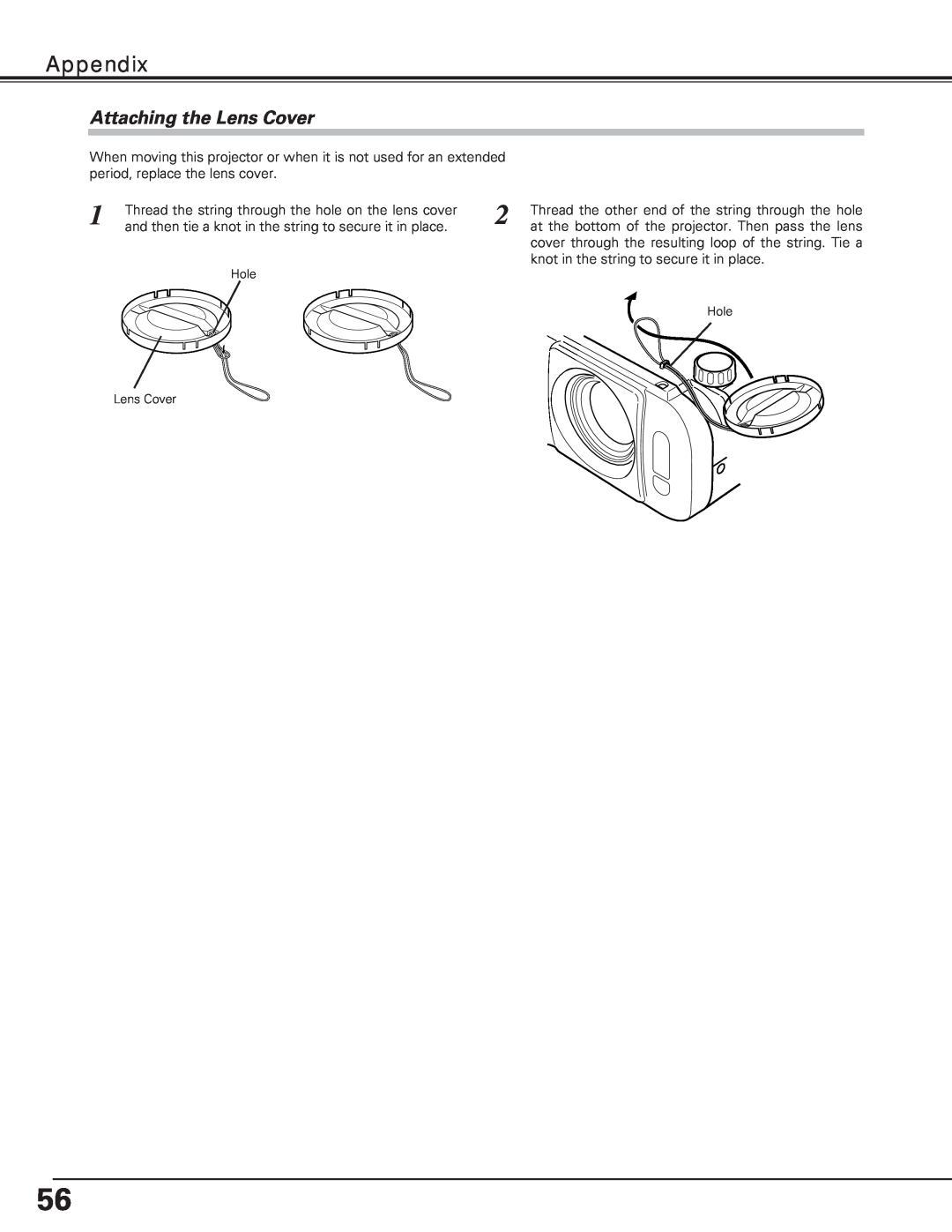Eiki LC-XE10 instruction manual Attaching the Lens Cover, Appendix, Hole Lens Cover 