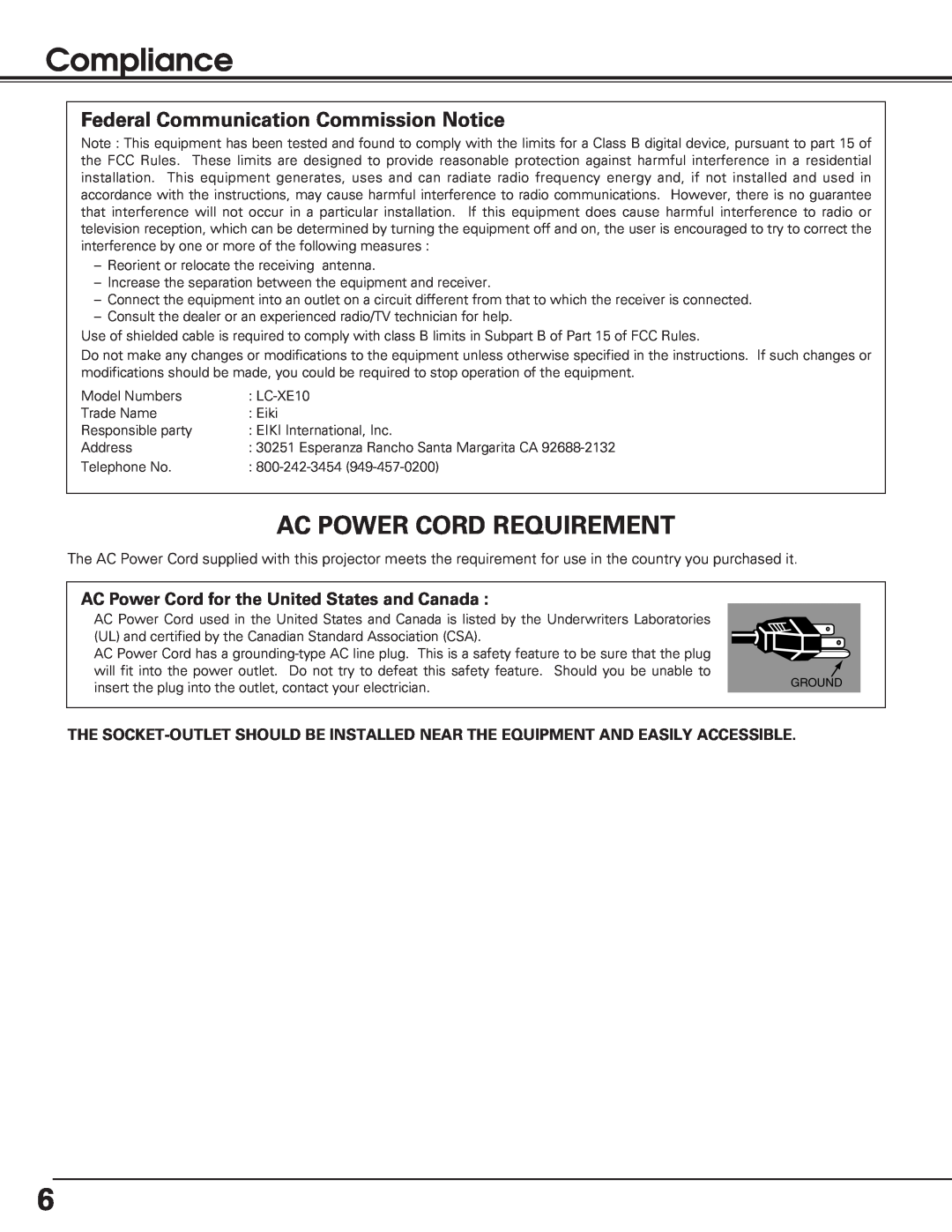 Eiki LC-XE10 instruction manual Compliance, Ac Power Cord Requirement, Federal Communication Commission Notice 