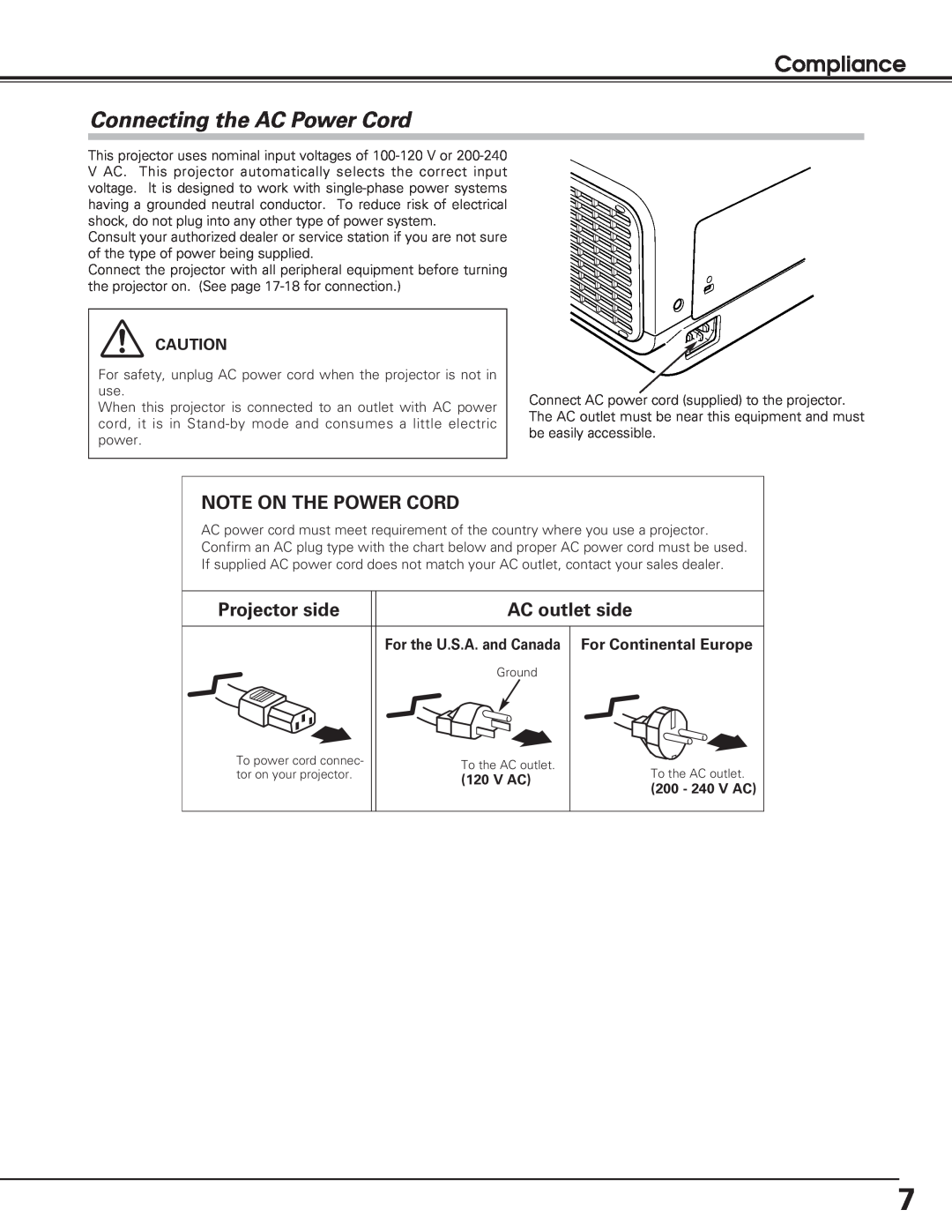 Eiki LC-XE10 instruction manual Compliance, Connecting the AC Power Cord, For the U.S.A. and Canada, V Ac, 200 - 240 V AC 