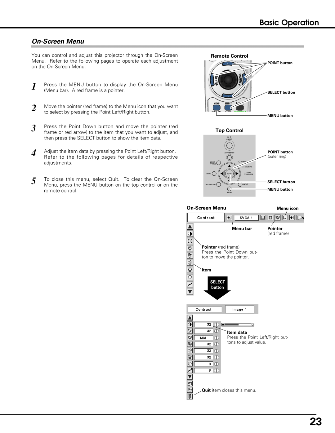 Eiki LC-XE10 instruction manual On-Screen Menu, Basic Operation, Remote Control, Top Control 