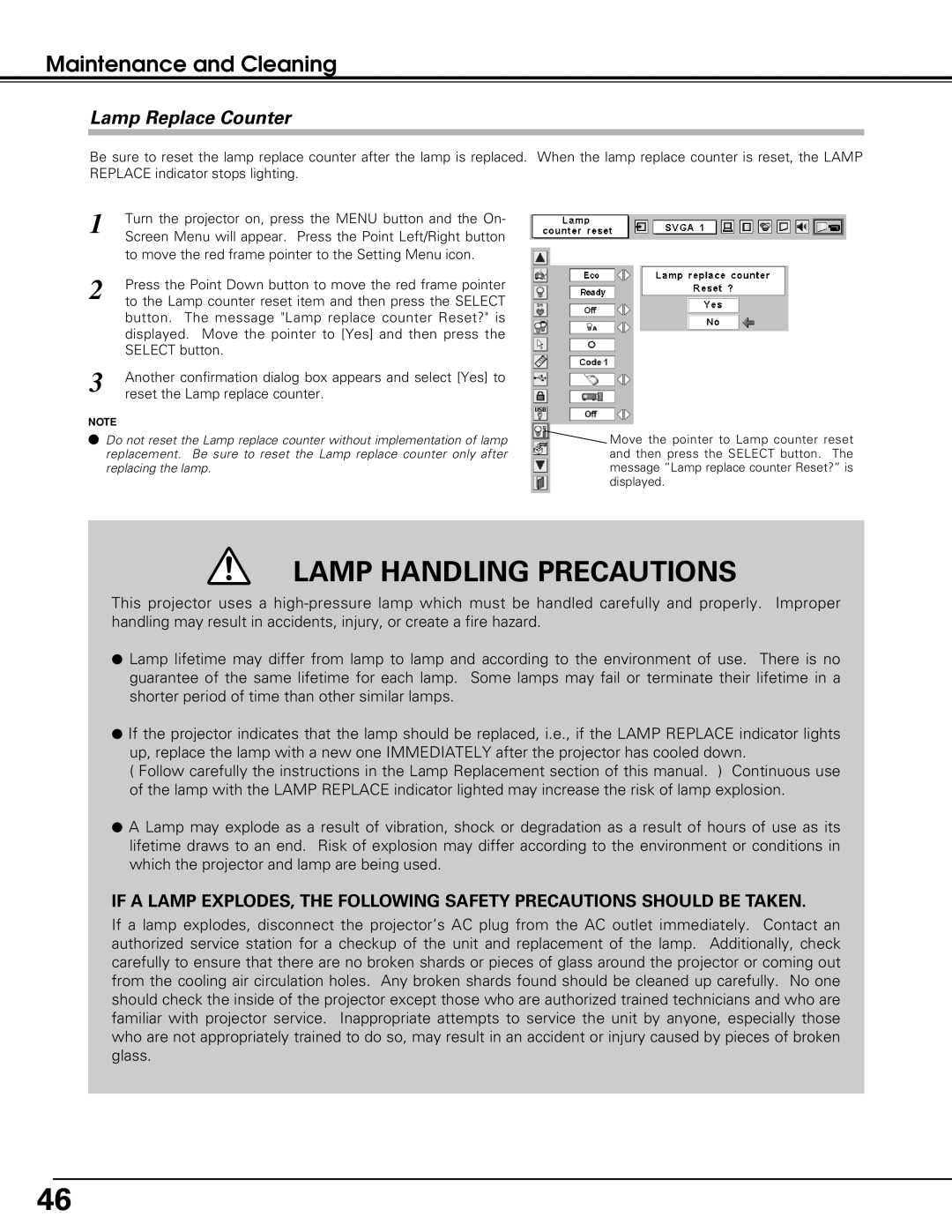 Eiki LC-XE10 instruction manual Lamp Replace Counter, Lamp Handling Precautions, Maintenance and Cleaning 