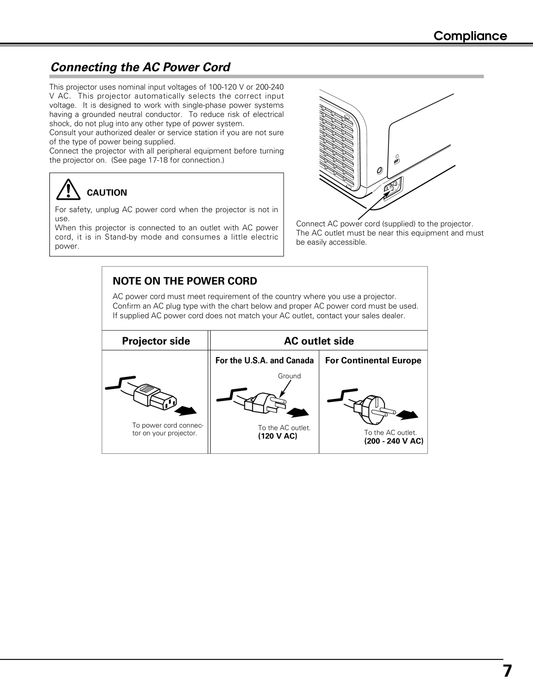 Eiki LC-XE10 instruction manual Compliance, Connecting the AC Power Cord, For the U.S.A. and Canada, V Ac, 200 - 240 V AC 
