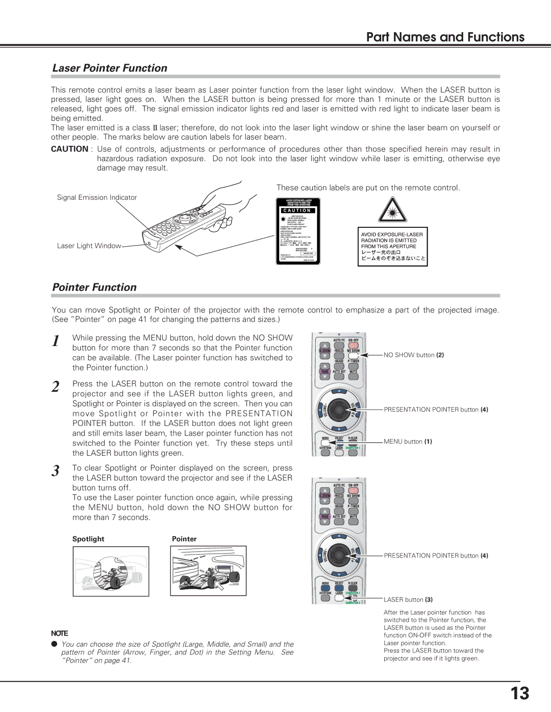 Eiki LC-XE10 instruction manual Laser Pointer Function 