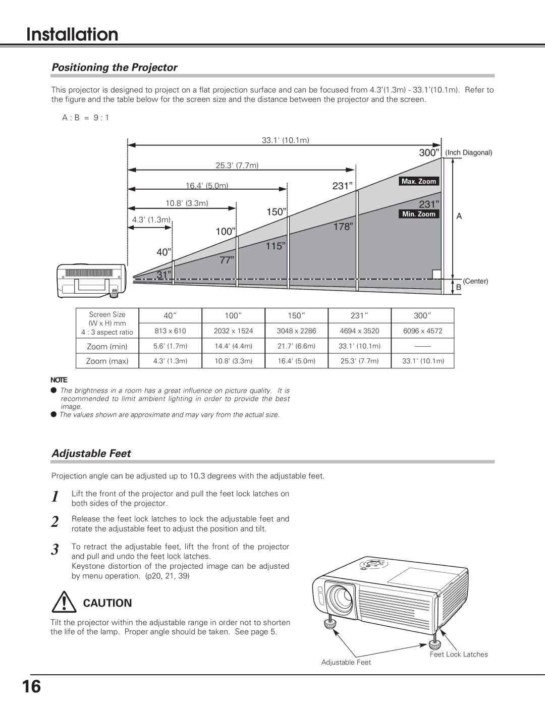 Eiki LC-XE10 instruction manual Installation, Positioning the Projector, Adjustable Feet 