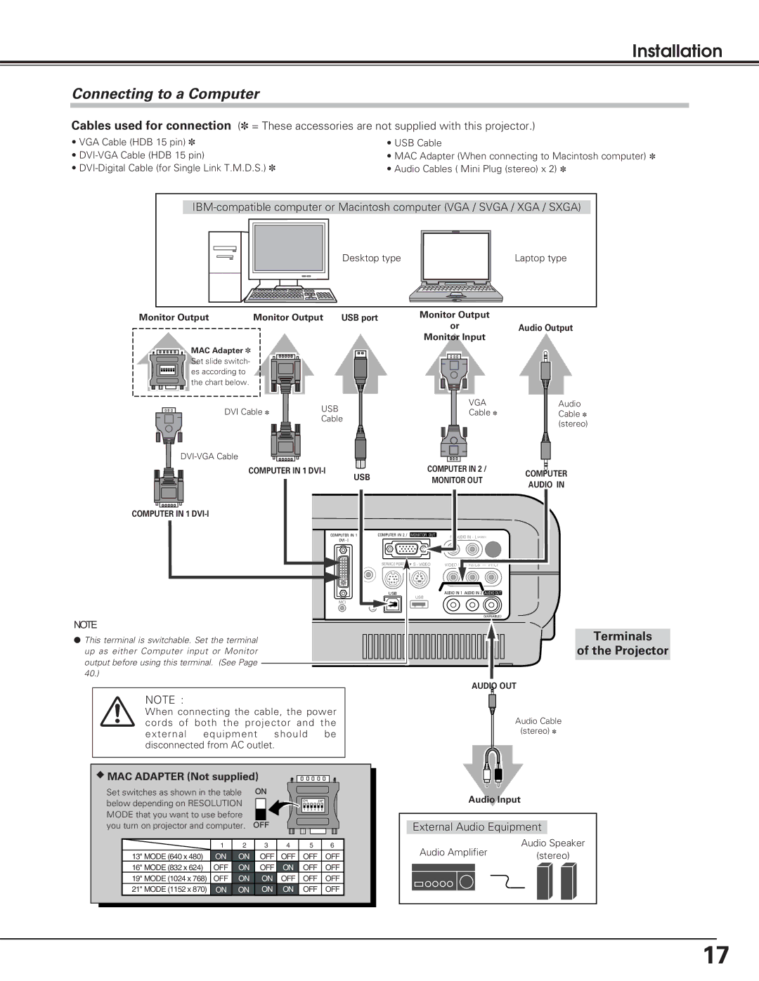 Eiki LC-XE10 instruction manual Installation, Connecting to a Computer, Terminals Projector 