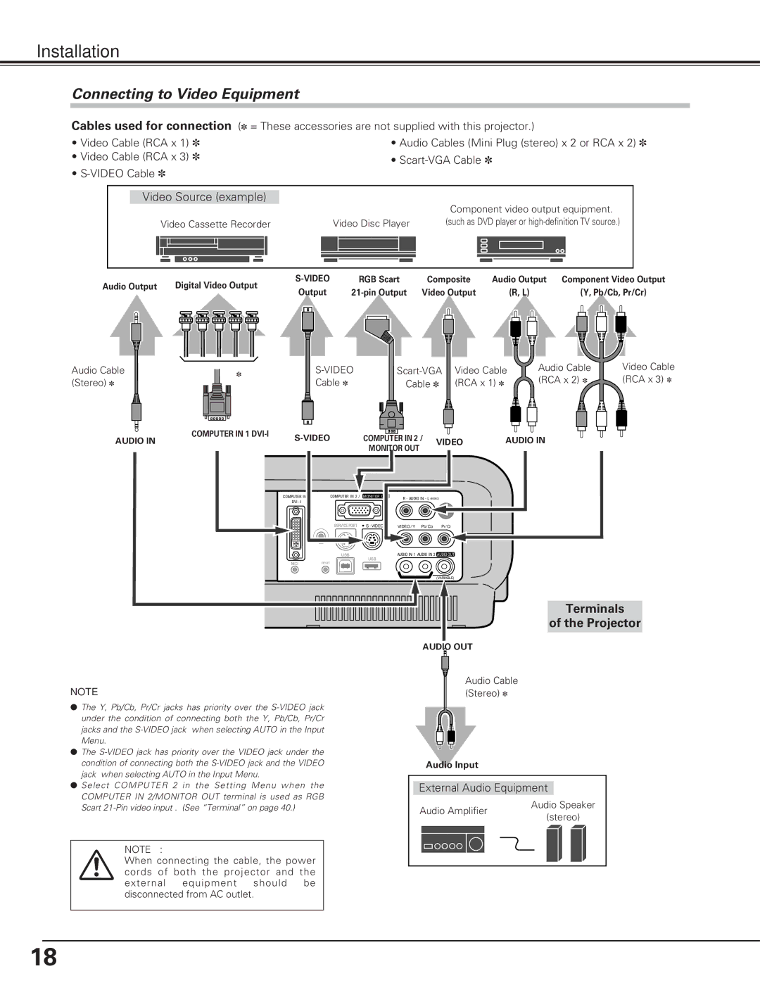 Eiki LC-XE10 instruction manual Connecting to Video Equipment, Video Source example, Video Cable RCA x Scart-VGA Cable 