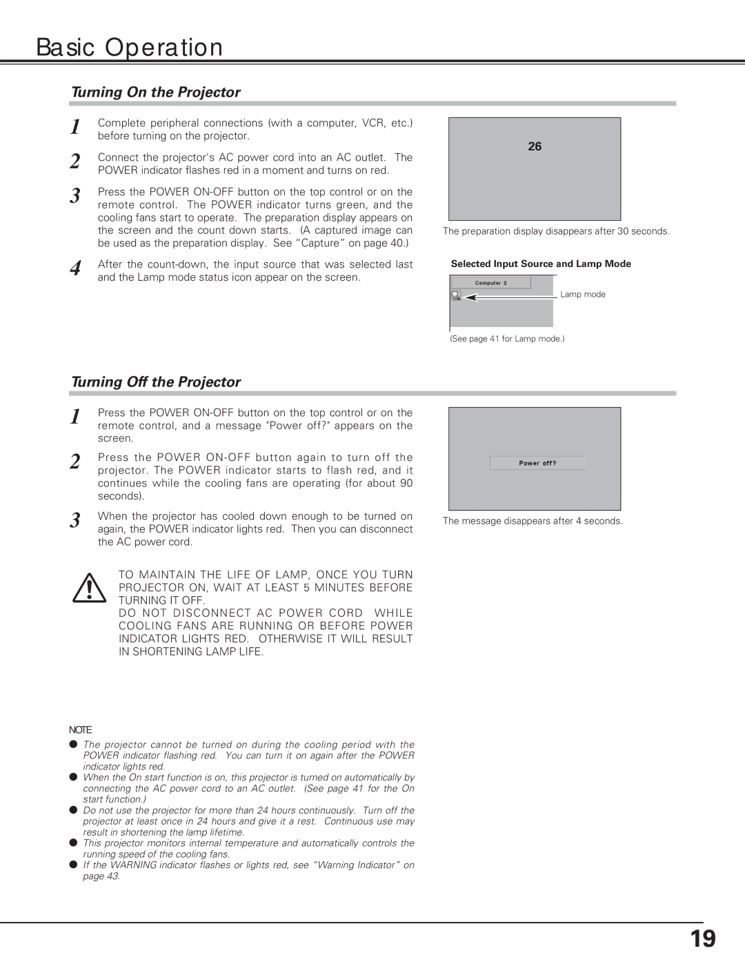 Eiki LC-XE10 instruction manual Basic Operation, Turning On the Projector, Turning Off the Projector 