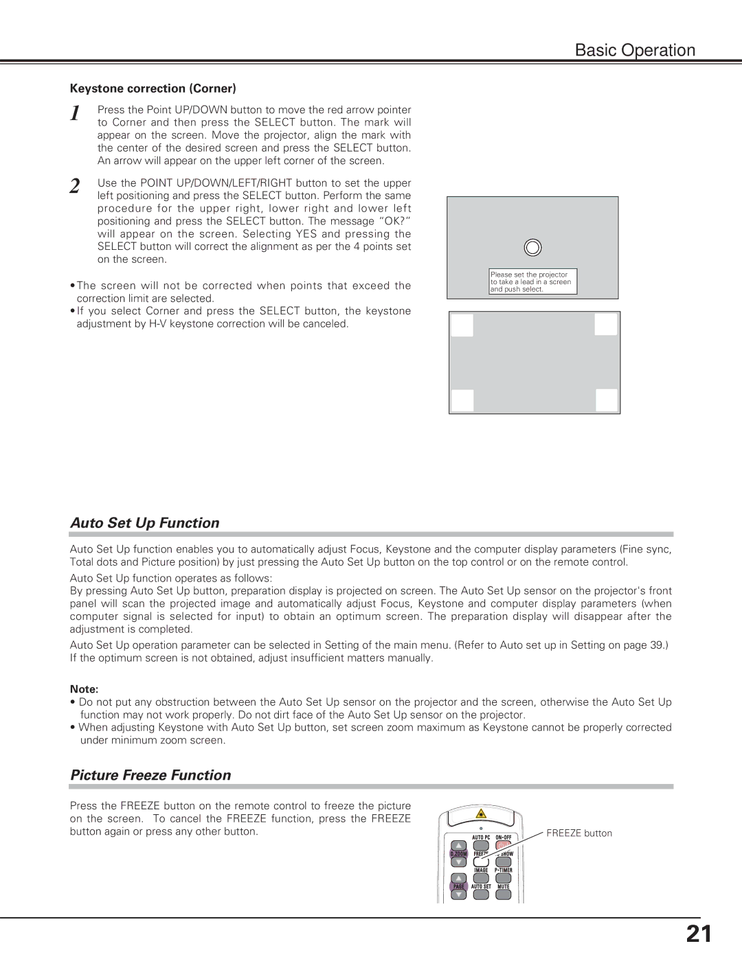 Eiki LC-XE10 instruction manual Auto Set Up Function, Picture Freeze Function, Keystone correction Corner 