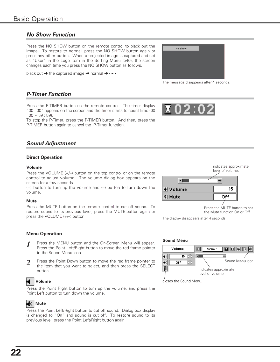 Eiki LC-XE10 instruction manual No Show Function, Timer Function, Sound Adjustment, Direct Operation, Menu Operation 