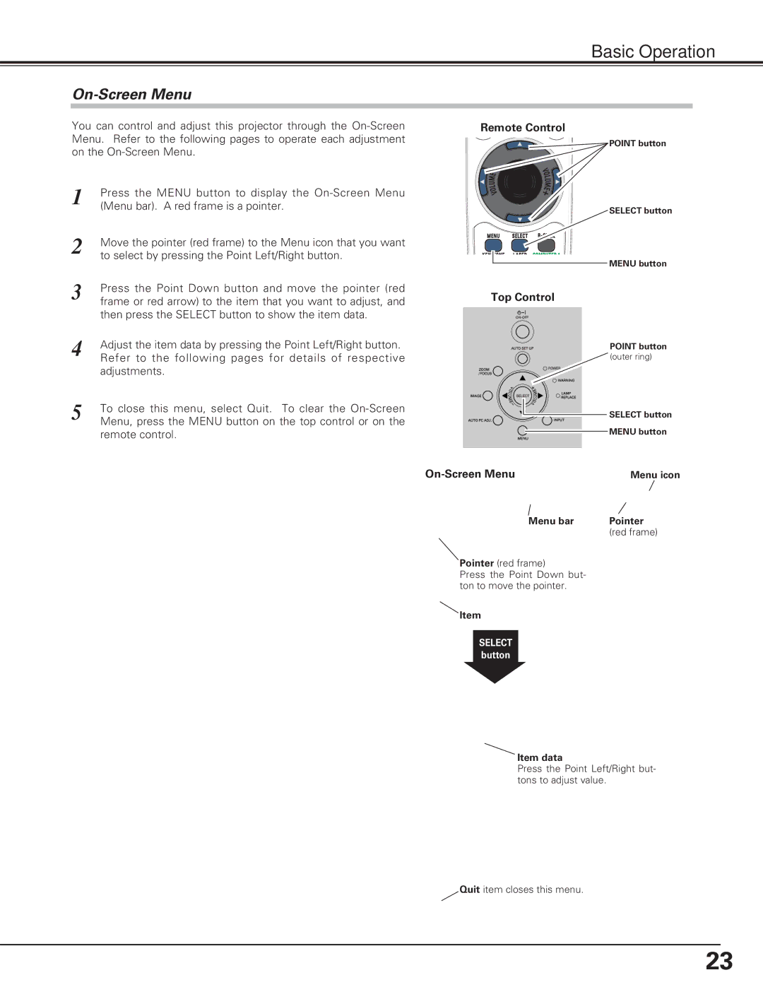 Eiki LC-XE10 instruction manual On-Screen Menu, Remote Control, Top Control 