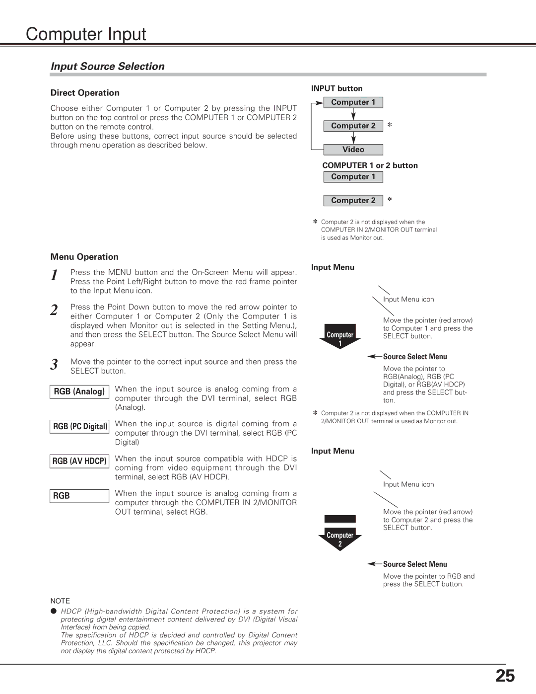 Eiki LC-XE10 instruction manual Computer Input, Input Source Selection 