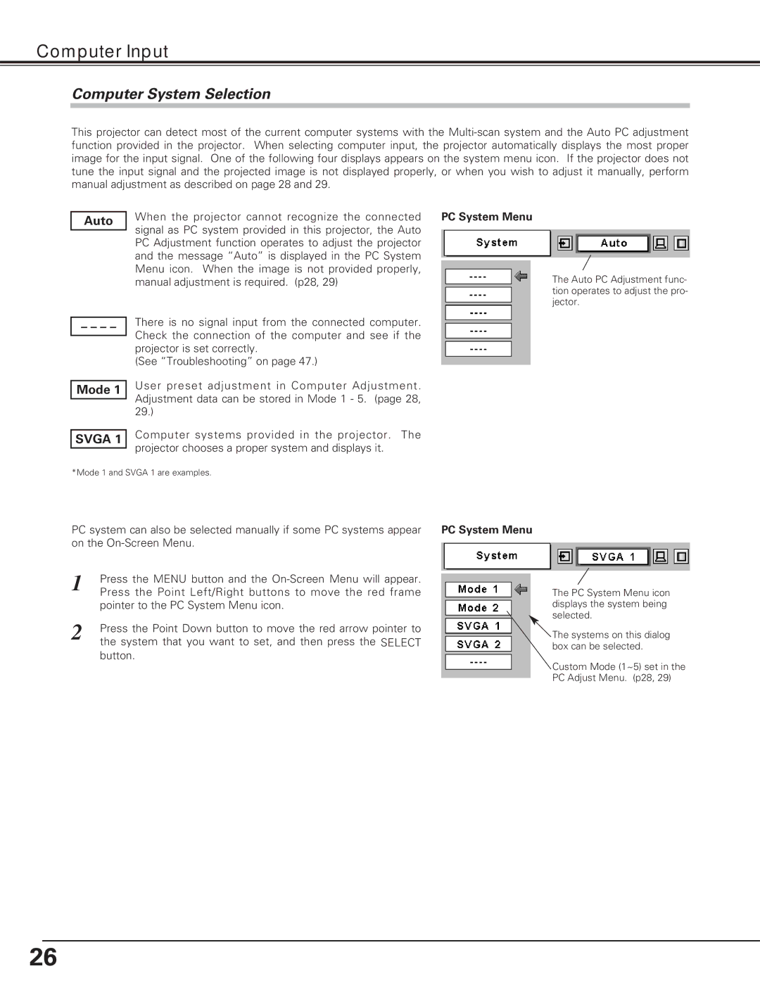 Eiki LC-XE10 instruction manual Computer Input, Computer System Selection, Auto, Mode, PC System Menu 