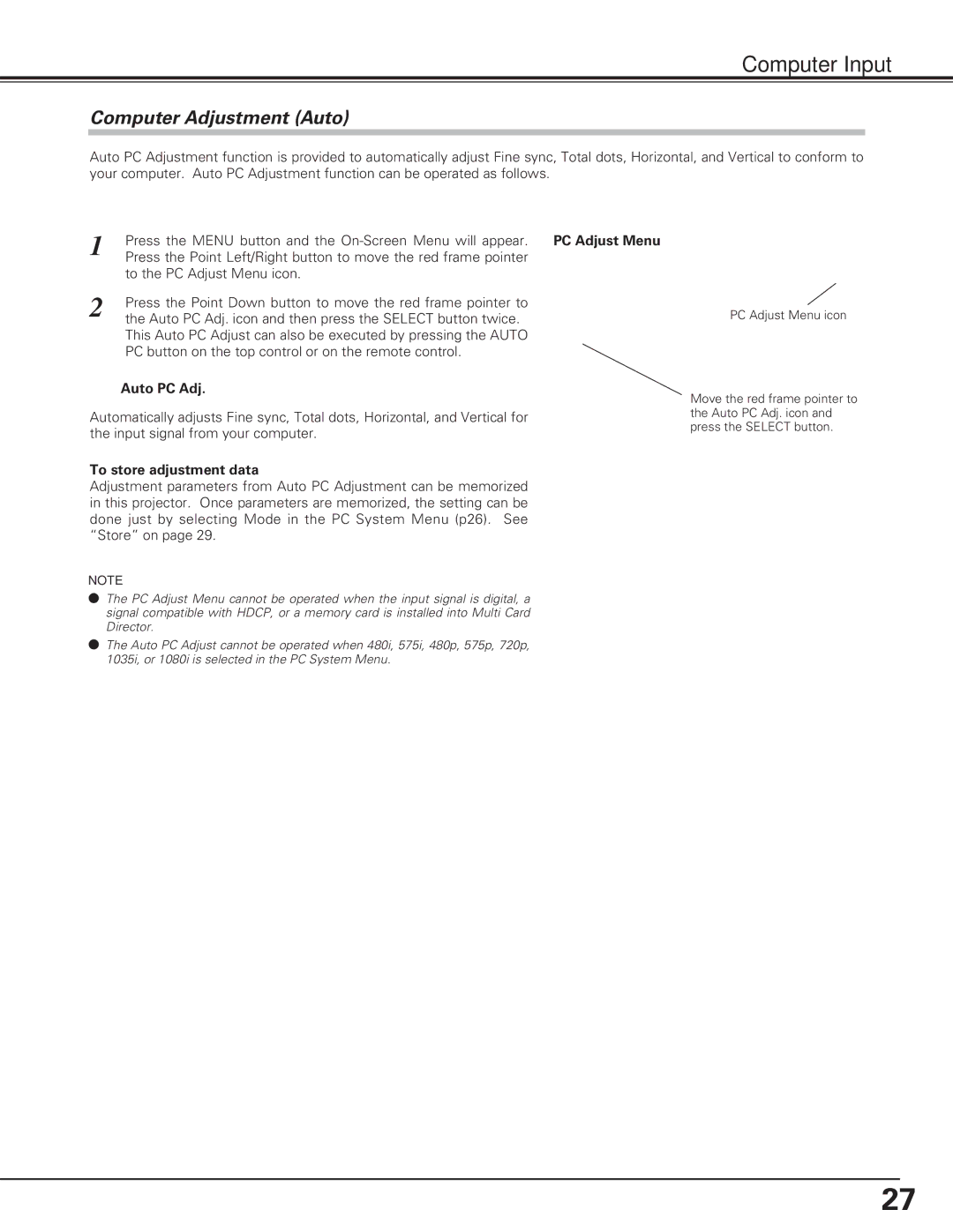 Eiki LC-XE10 instruction manual Computer Adjustment Auto, PC Adjust Menu, Auto PC Adj, To store adjustment data 