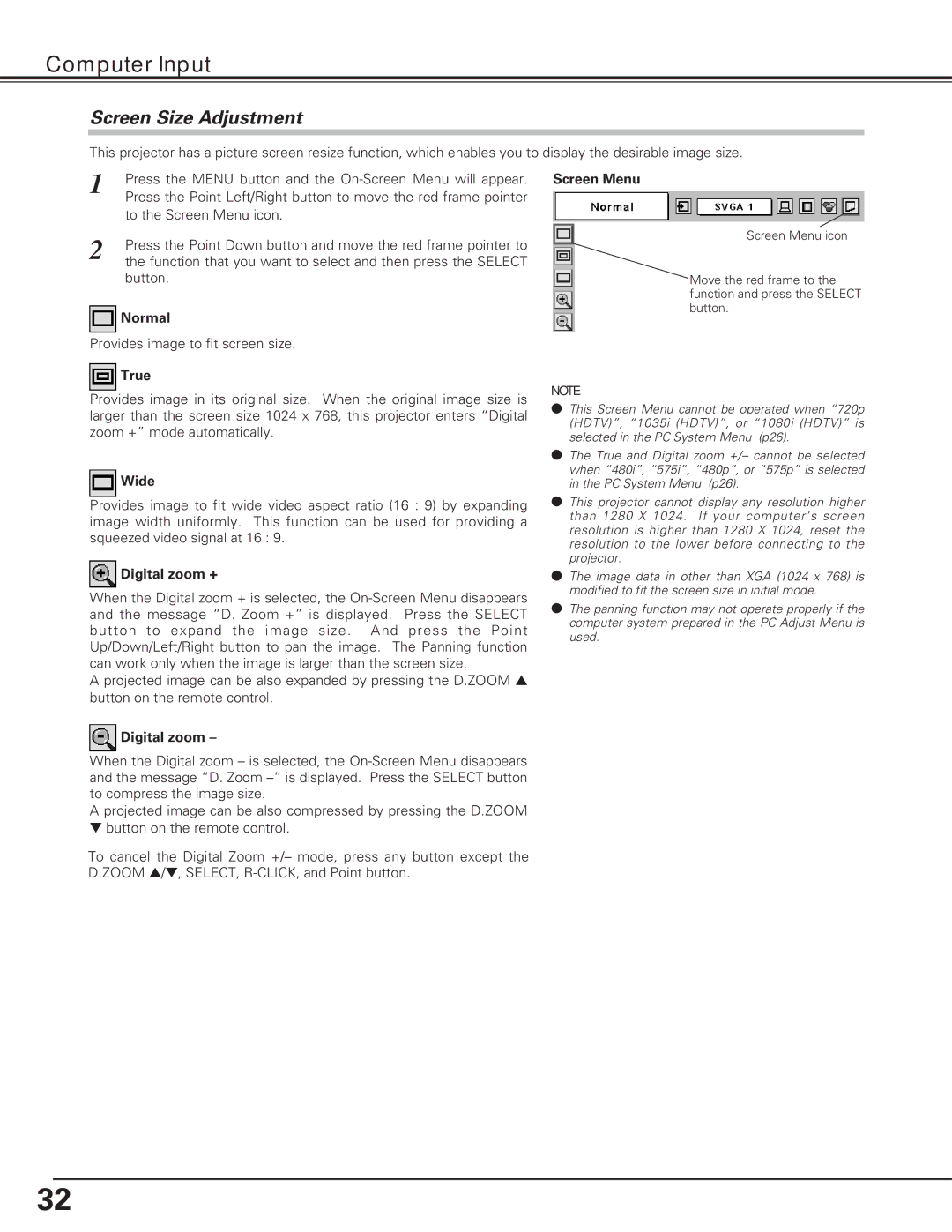 Eiki LC-XE10 instruction manual Screen Size Adjustment 