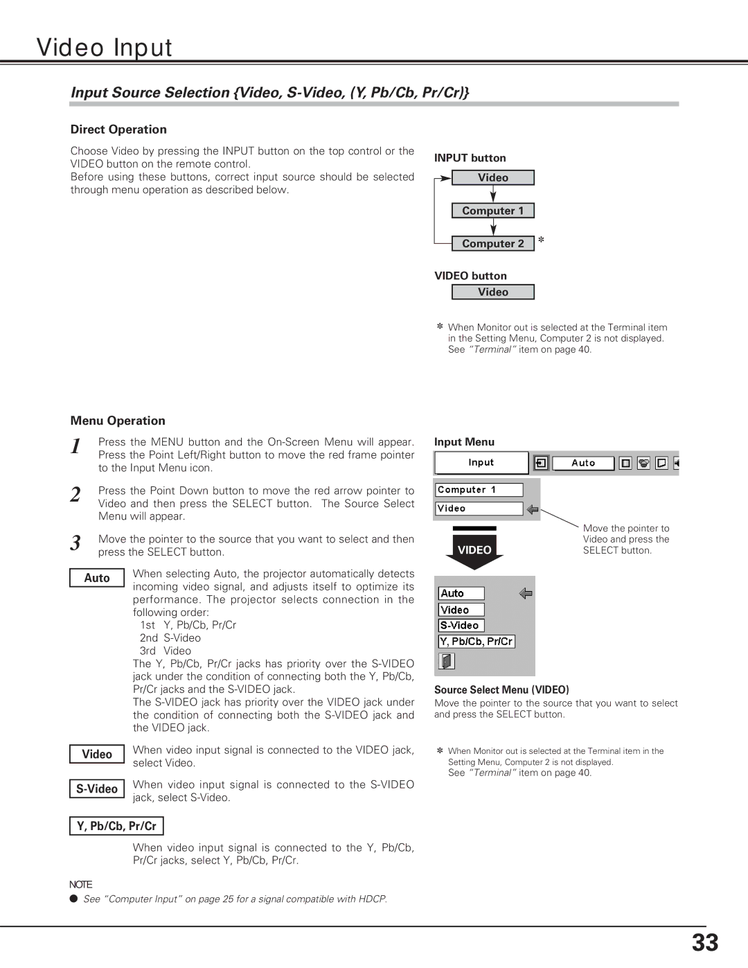 Eiki LC-XE10 Video Input, Input Source Selection Video, S-Video, Y, Pb/Cb, Pr/Cr, Source Select Menu Video 