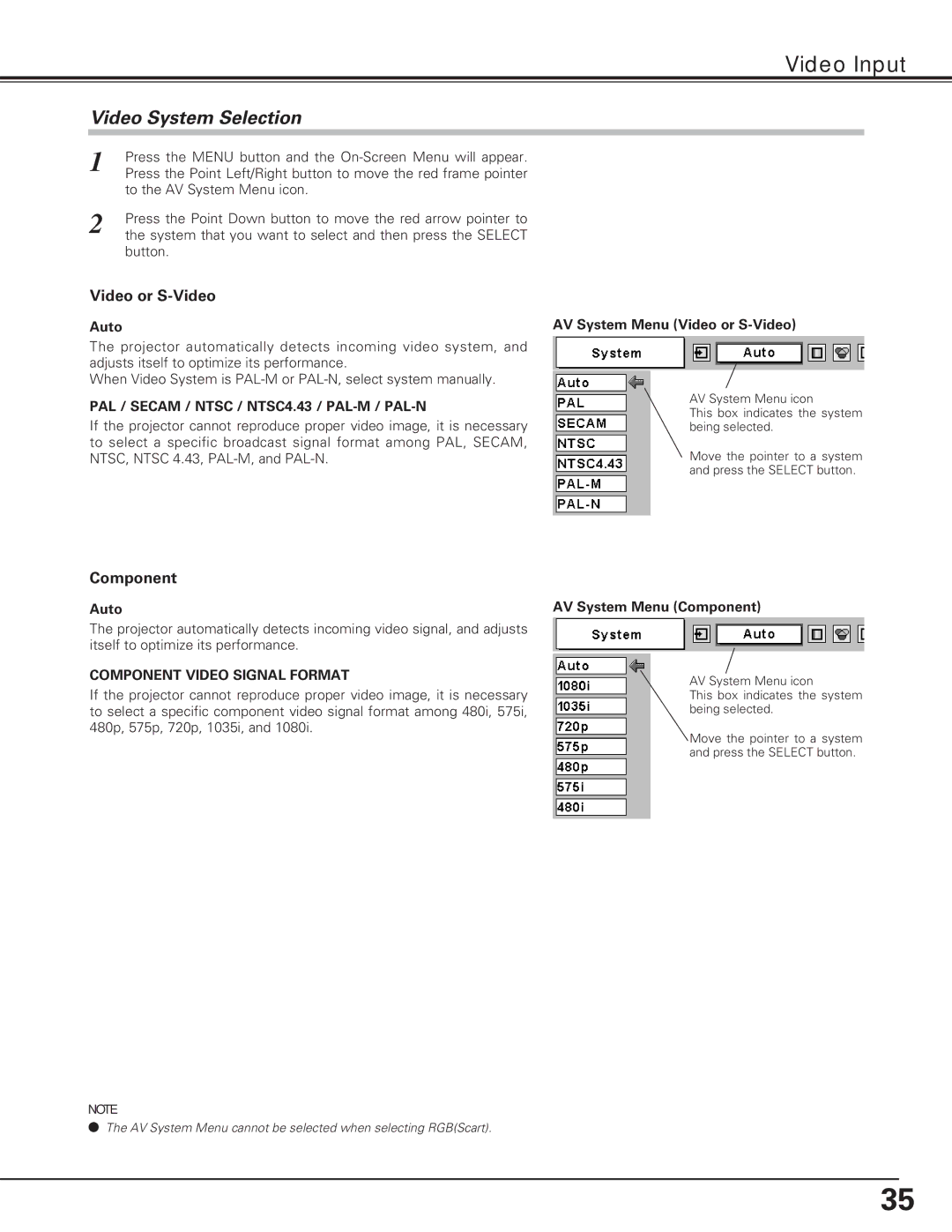 Eiki LC-XE10 instruction manual Video System Selection, Video or S-Video, Component 