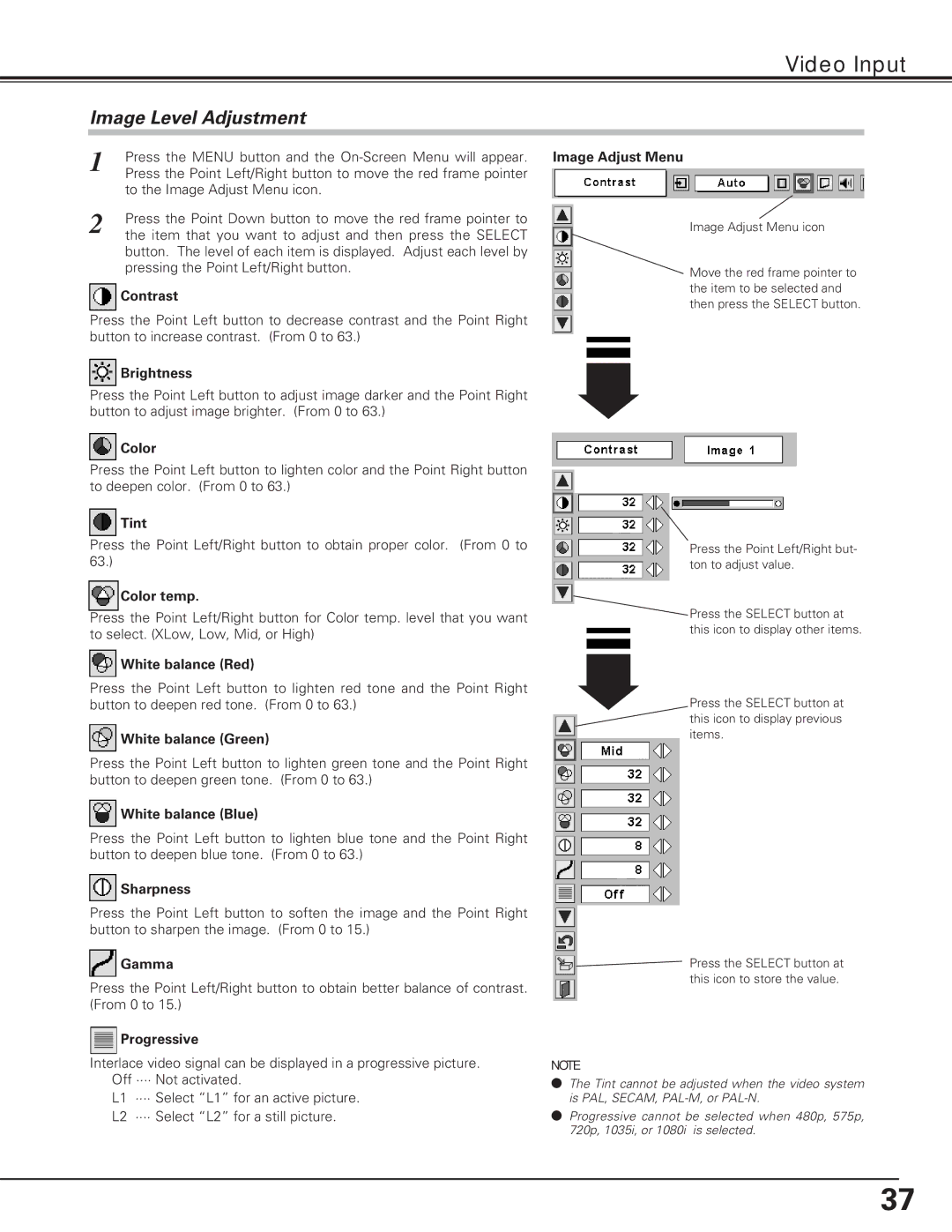 Eiki LC-XE10 instruction manual Color, Tint, Progressive 