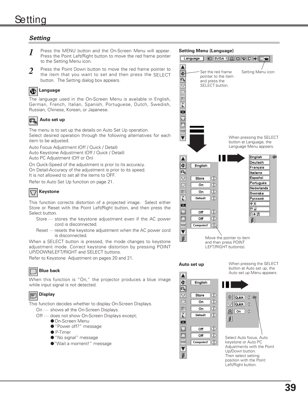 Eiki LC-XE10 instruction manual Setting 