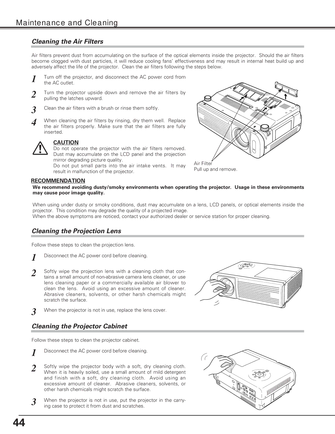 Eiki LC-XE10 instruction manual Maintenance and Cleaning, Cleaning the Air Filters, Cleaning the Projection Lens 