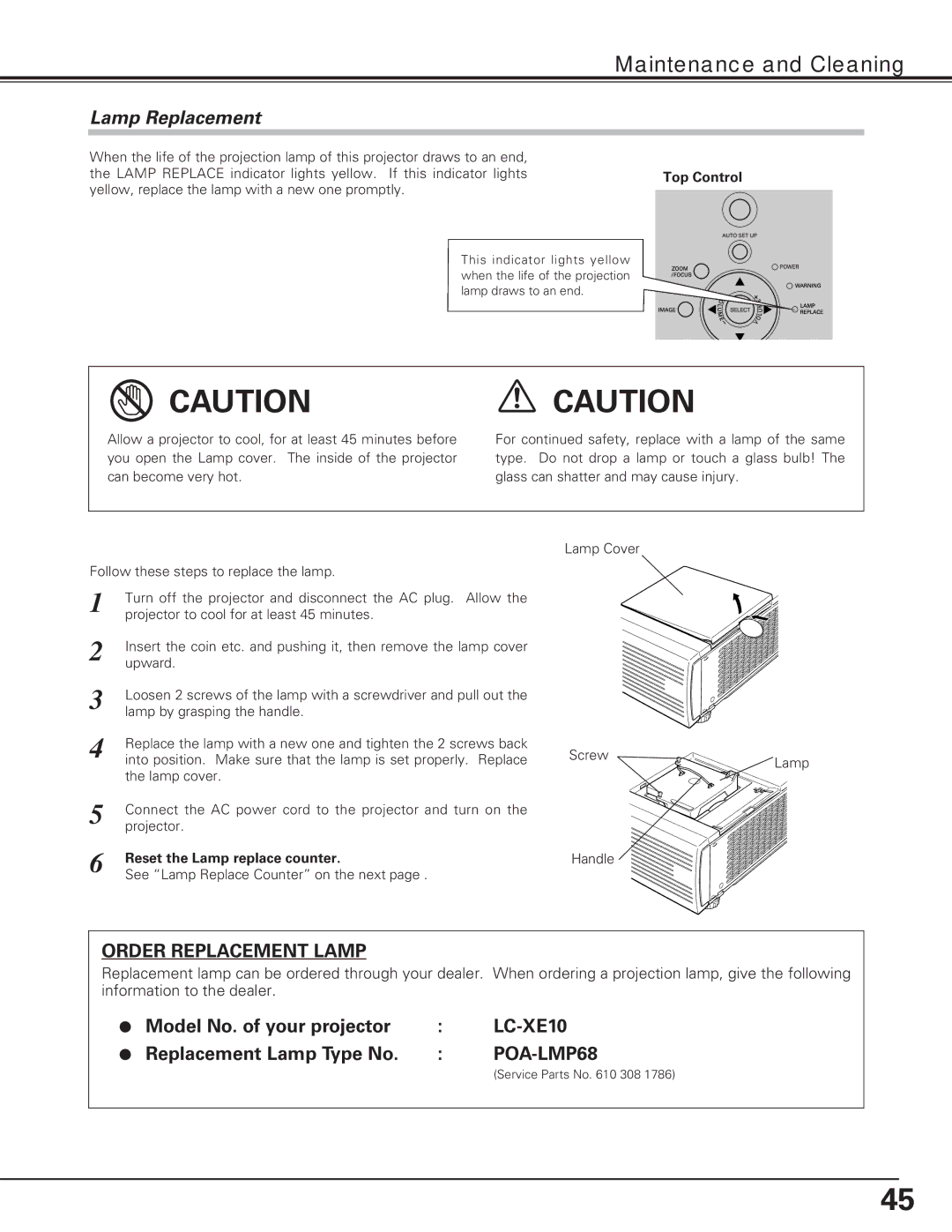 Eiki LC-XE10 instruction manual Lamp Replacement, Reset the Lamp replace counter 