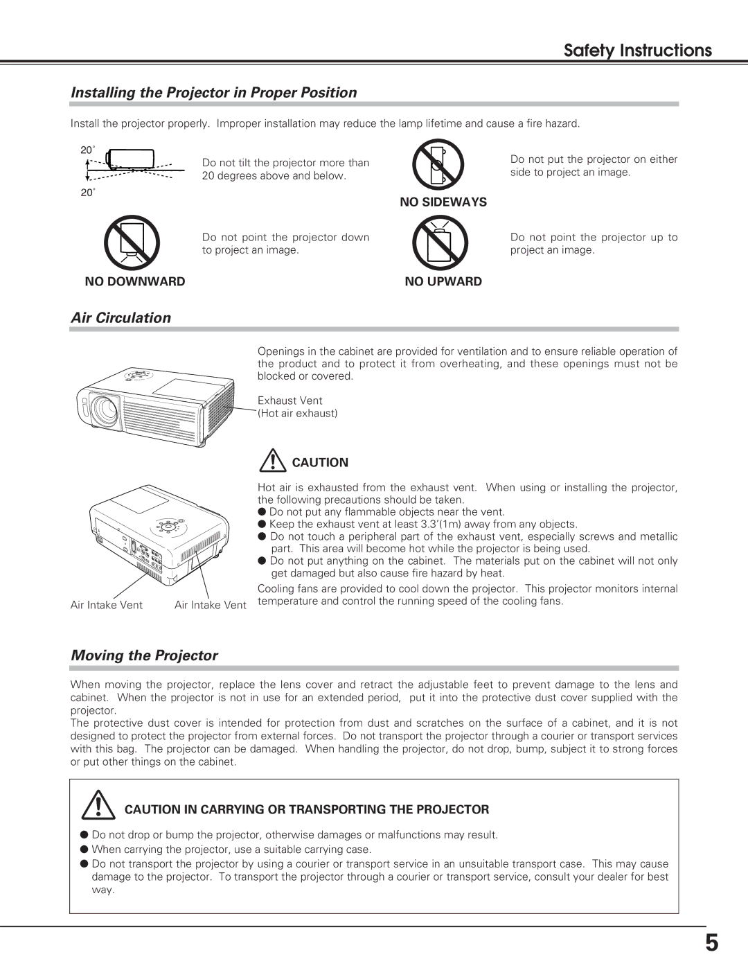 Eiki LC-XE10 Safety Instructions, Installing the Projector in Proper Position, Air Circulation, Moving the Projector 