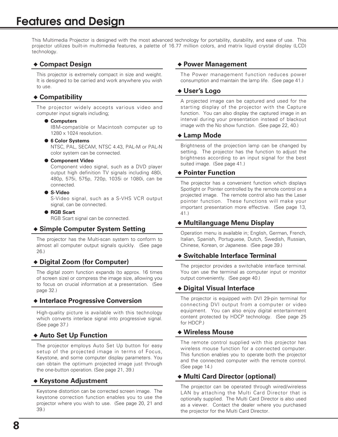 Eiki LC-XE10 instruction manual Features and Design 