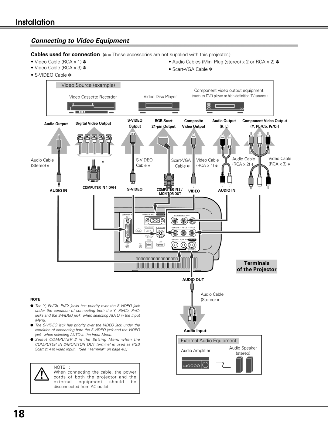 Eiki LC-XE10 instruction manual Connecting to Video Equipment, Video Source example 