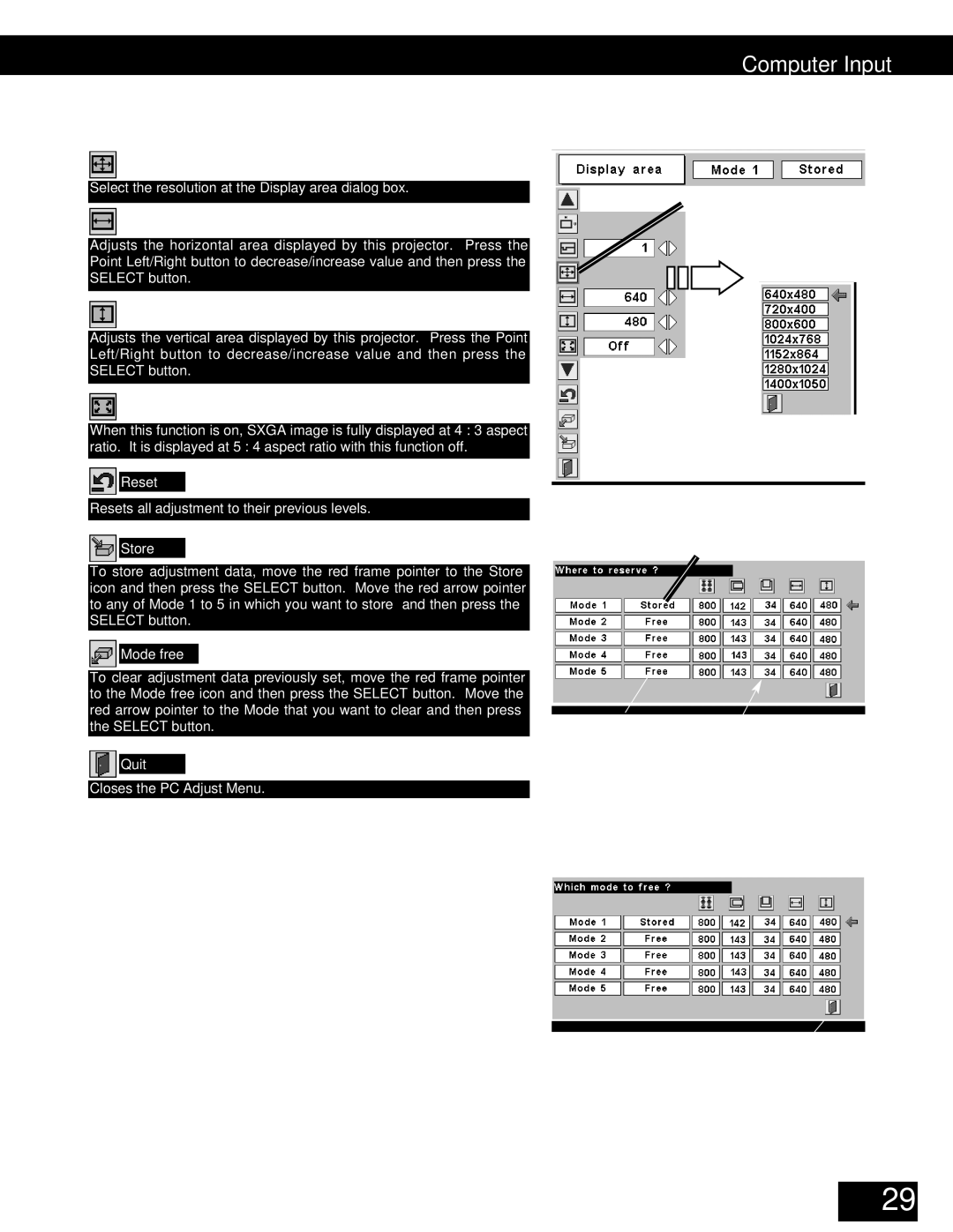 Eiki LC-XE10 Display area H, Full screen, Reset, Store, Mode free, Quit, Display area To store adjustment data 