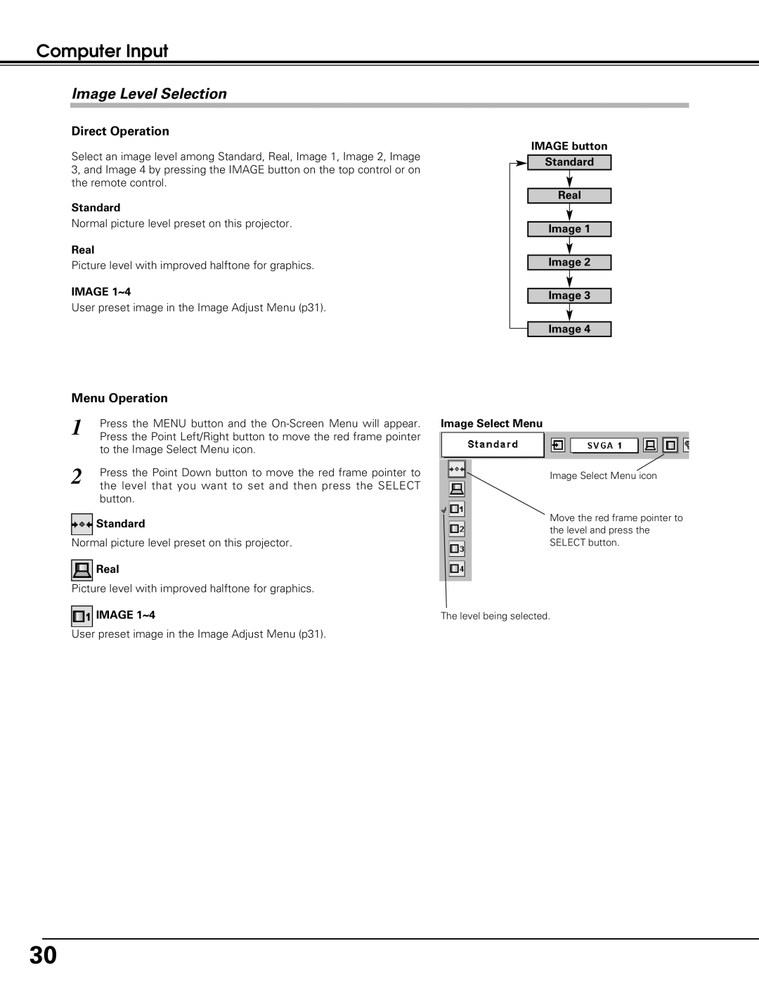 Eiki LC-XE10 instruction manual Image Level Selection, Image button Standard Real, Image Select Menu 