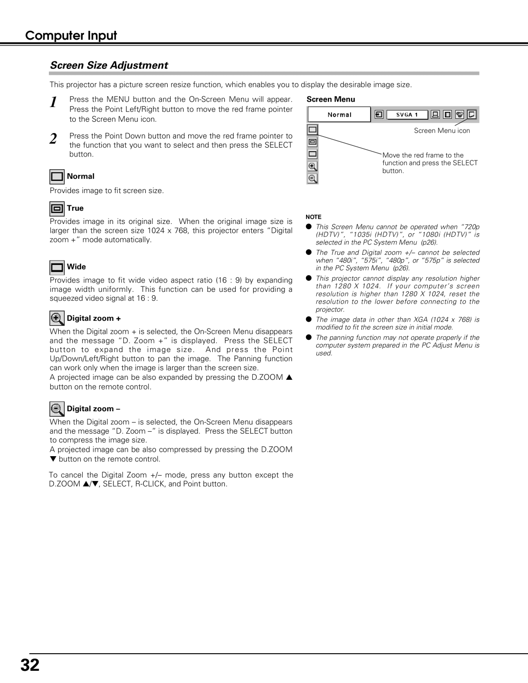 Eiki LC-XE10 instruction manual Screen Size Adjustment 