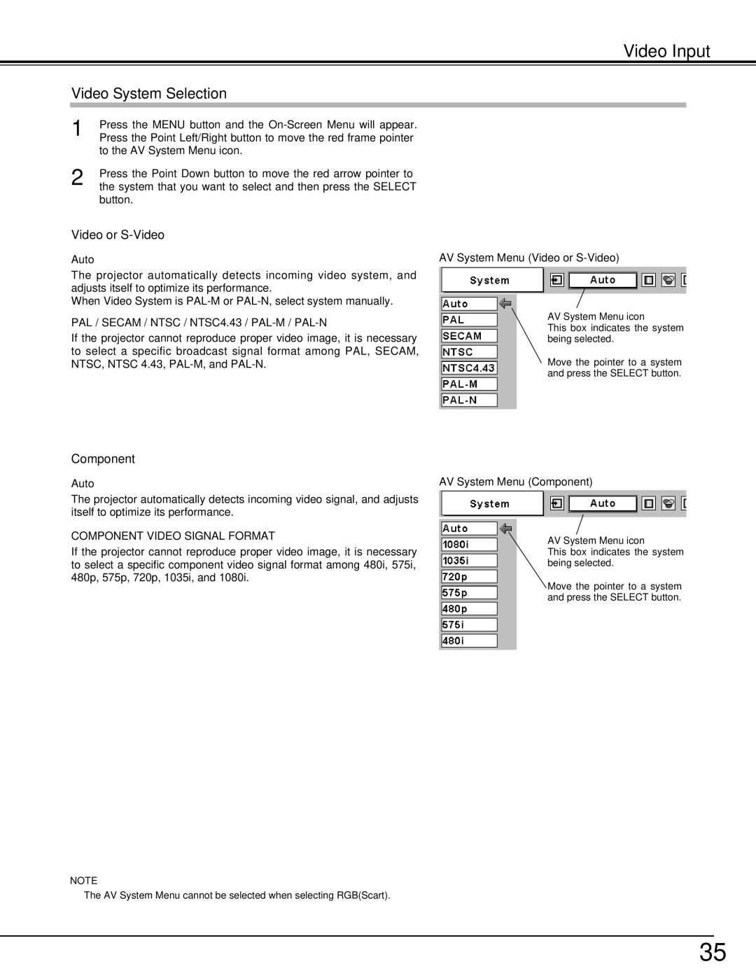 Eiki LC-XE10 instruction manual Video System Selection, AV System Menu Video or S-Video, AV System Menu Component 