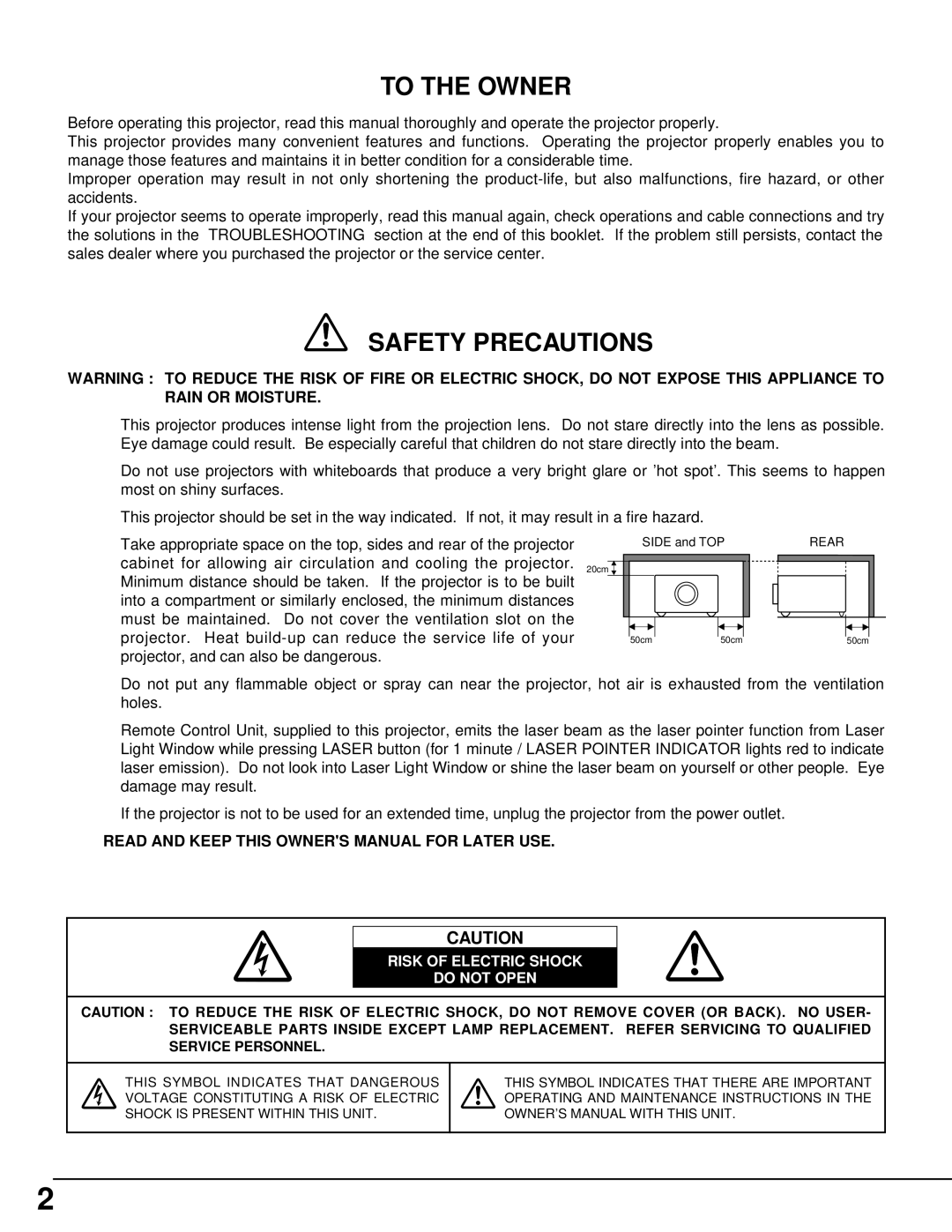 Eiki LC-XG100, LC-XG200 instruction manual To the Owner 