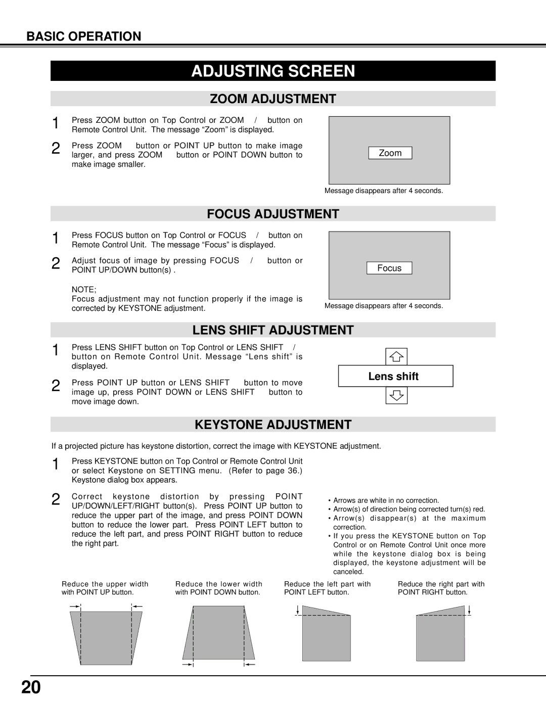 Eiki LC-XG100, LC-XG200 Adjusting Screen, Zoom Adjustment, Focus Adjustment, Lens Shift Adjustment, Keystone Adjustment 