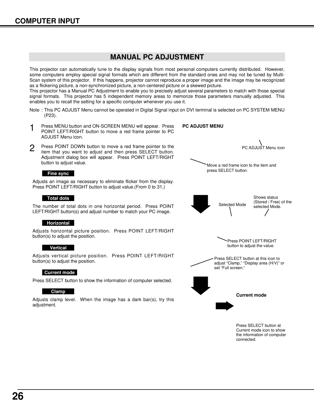 Eiki LC-XG100, LC-XG200 instruction manual Computer Input Manual PC Adjustment 