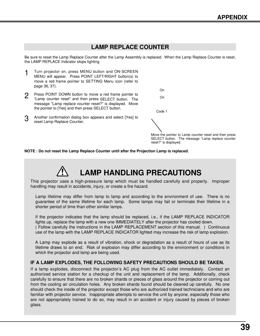 Eiki LC-XG200, LC-XG100 instruction manual Lamp Handling Precautions, Appendix Lamp Replace Counter 