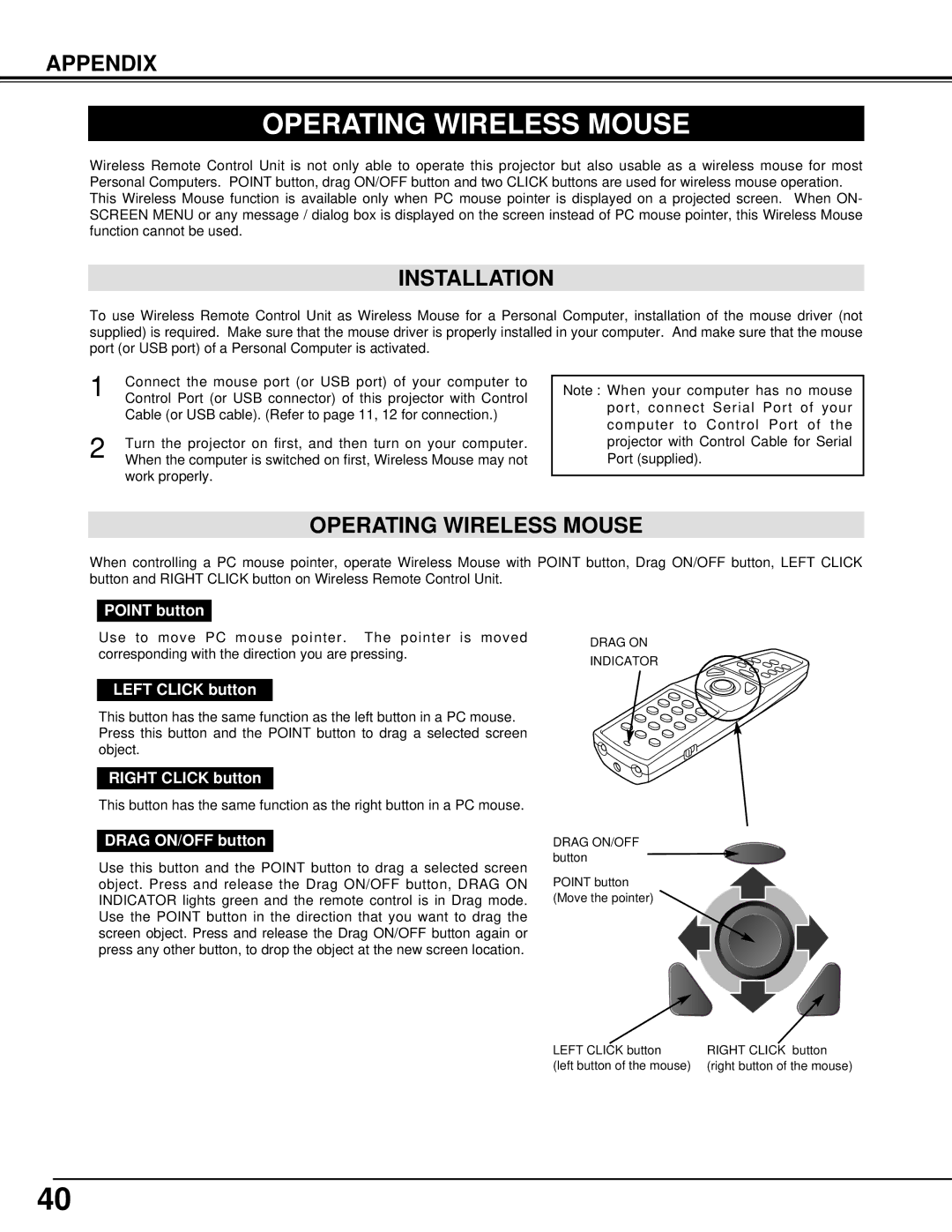 Eiki LC-XG100, LC-XG200 instruction manual Operating Wireless Mouse, Installation 