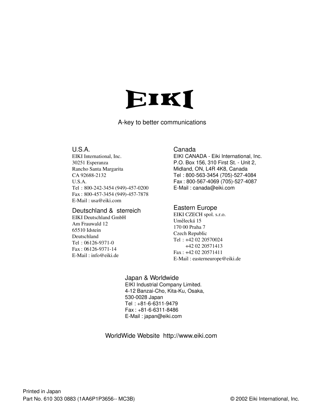 Eiki LC-XG100, LC-XG200 instruction manual Key to better communications Canada 